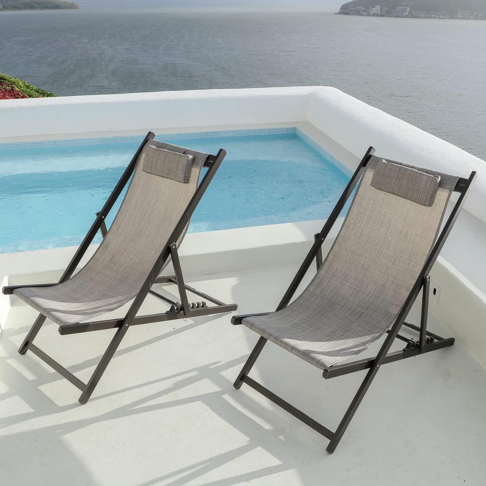 PURPLE LEAF Deck Chair Set of 2, Folding Sun Lounger, Aluminum Portable Beach Chair with 6-Positions Adjustable, Support 160kg, Textilene for Garden and Outdoor, Lotus Root Beige