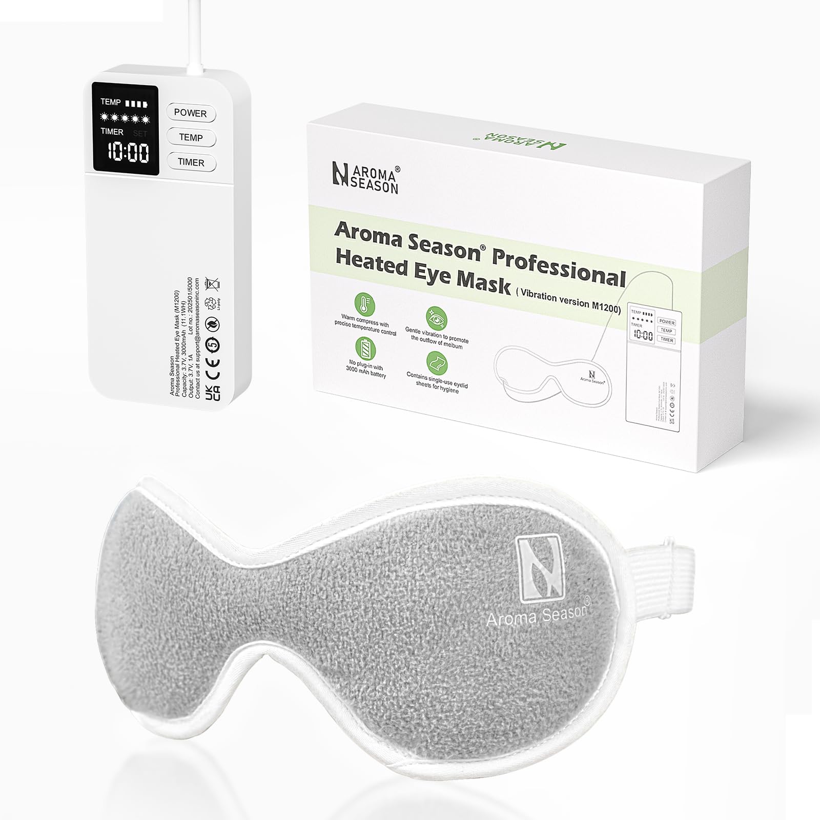 Aroma Season Vibrating Heated Eye Mask for Dry Eyes, 3000mAh Cordless Warm Eye Compress for Stye, Blepharitis, Rechargeable Electric Eye Heating Pad