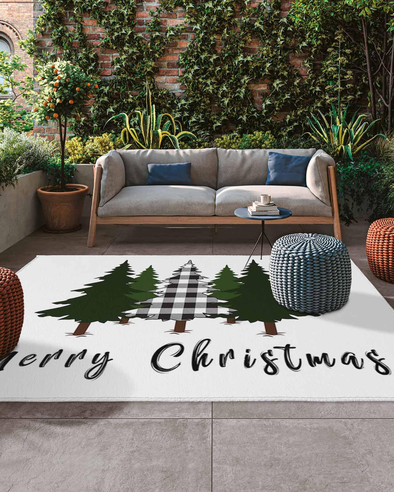 Outdoor Rug Merry Christmas Colorful Xmas Trees Area Rug, Easy Cleaning Waterproof Outdoor Plastic Straw Rug for Patio Decor Backyard Deck Picnic Camping Living Room, 6x9 Feet