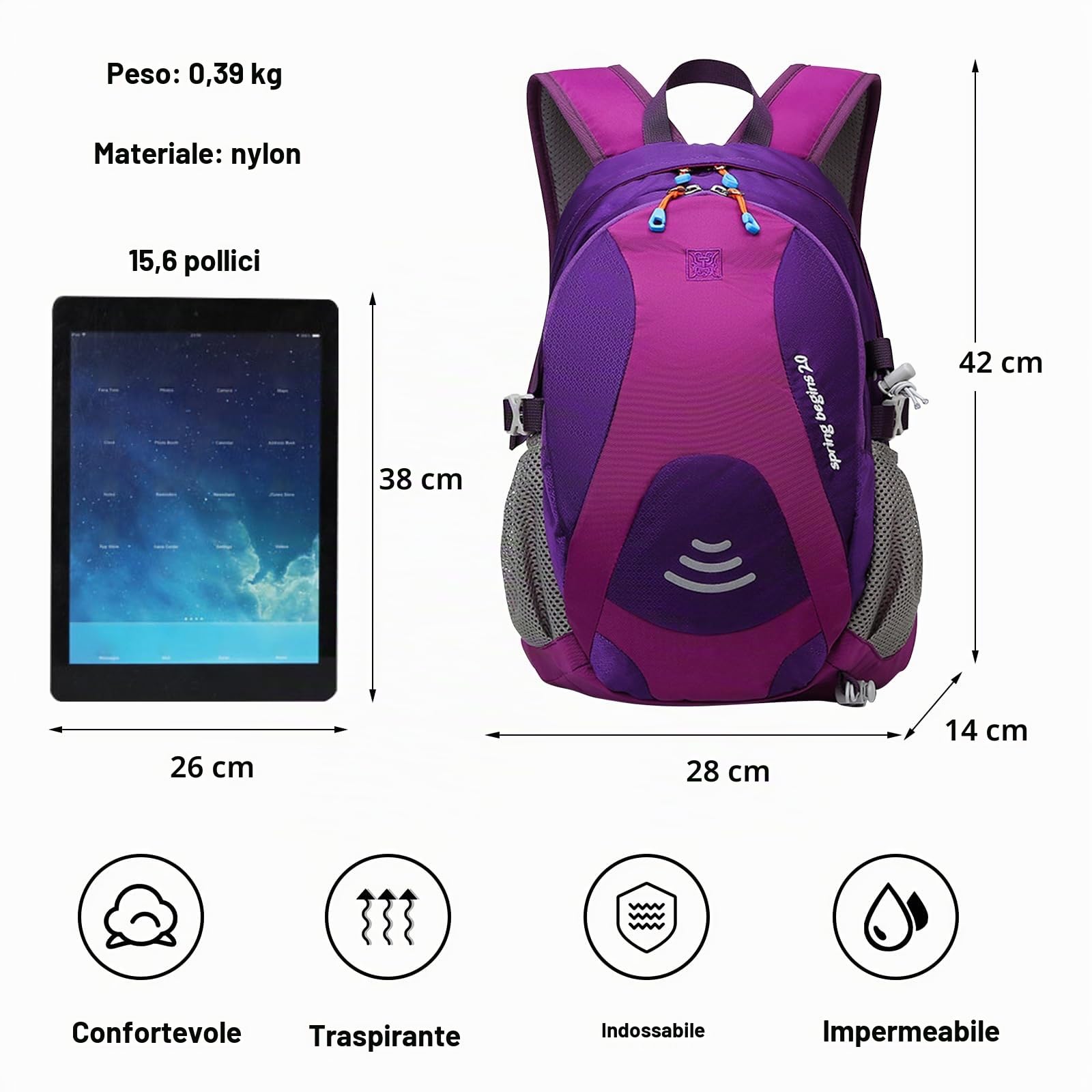 Zaino da Trekking 20L Leggero Impermeabile Zaino Hiking Backpack per Donna Uomo Ciclismo Arrampicata Sport Viola