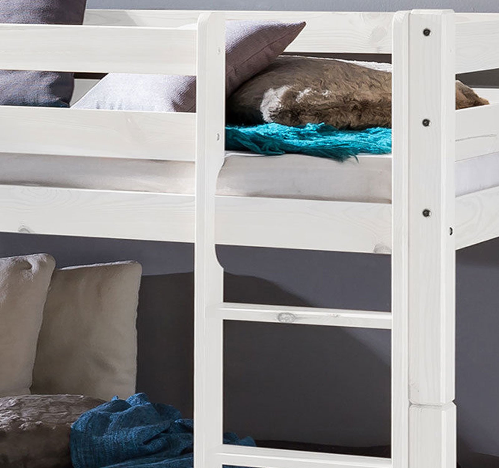 Homeline Weiss Kinderbett Etagenbett Massiv Hochbett Spielbett Stockbett 90x200 cm Matratzen geeignet