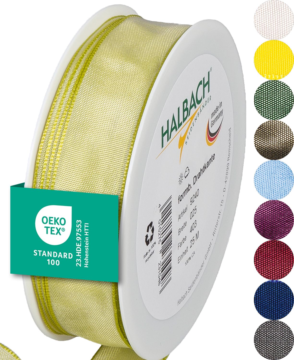 Halbach Seidenbänder Premium Geschenkband mit Drahtkante | Breite 25mm Länge 25m | Öko-Tex 100 zertifiziertes Schleifenband | Taftband Made in Germany, Farbe: hellgrün