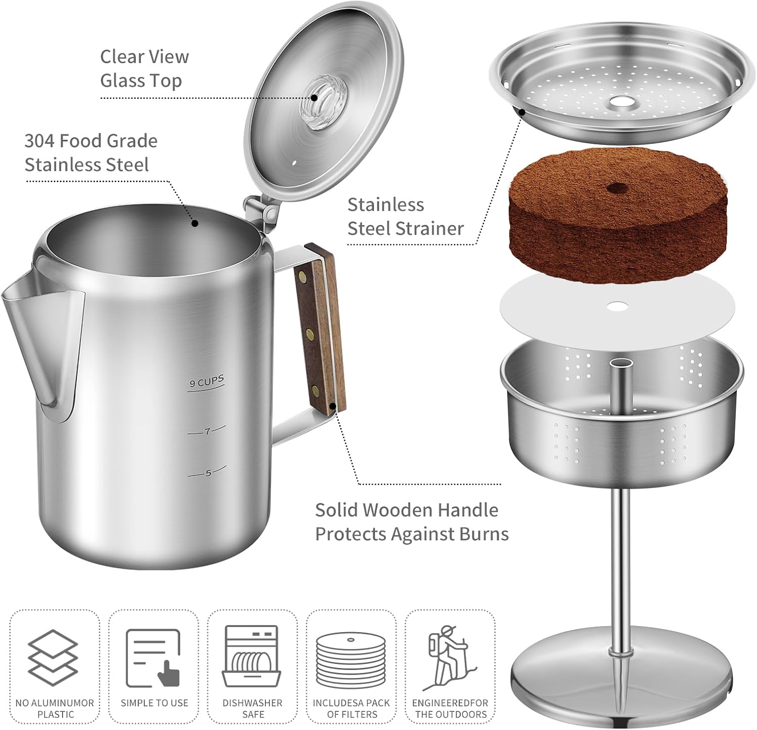 Coffee Percolator with 100pcs Coffee Filters - 9 Cups | Durable Stainless Steel Material Camping Coffee Pot| Brew Coffee On Fire, Grill or Stovetop | Ideal for Home, Camping