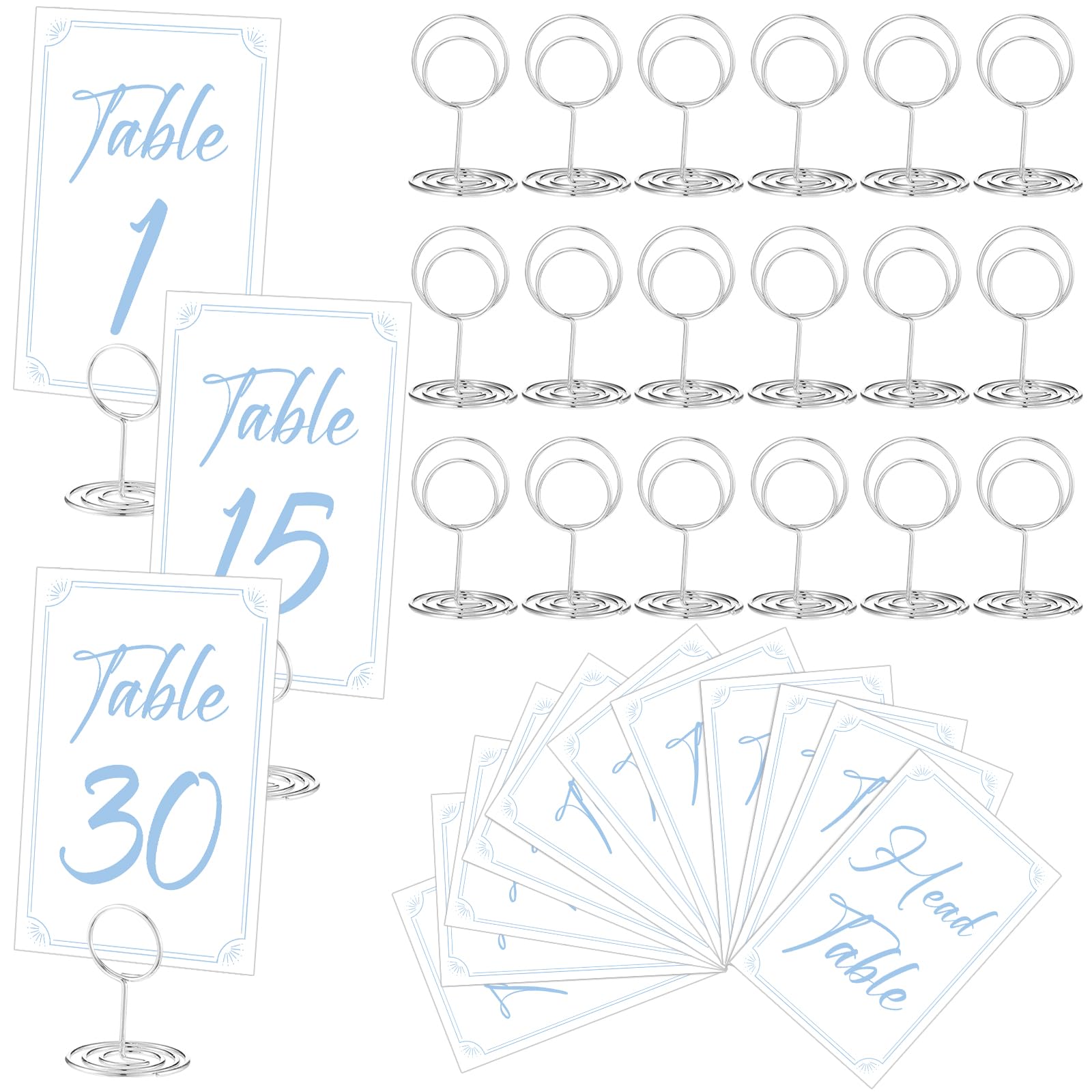 Photo 1 of Thenshop 31 Sets Table Number Cards with Holders, 1-30 Numbers Head Table Card 2" Place Holder Stand for Wedding Anniversary Birthday Restaurant(Round,White, Blue)