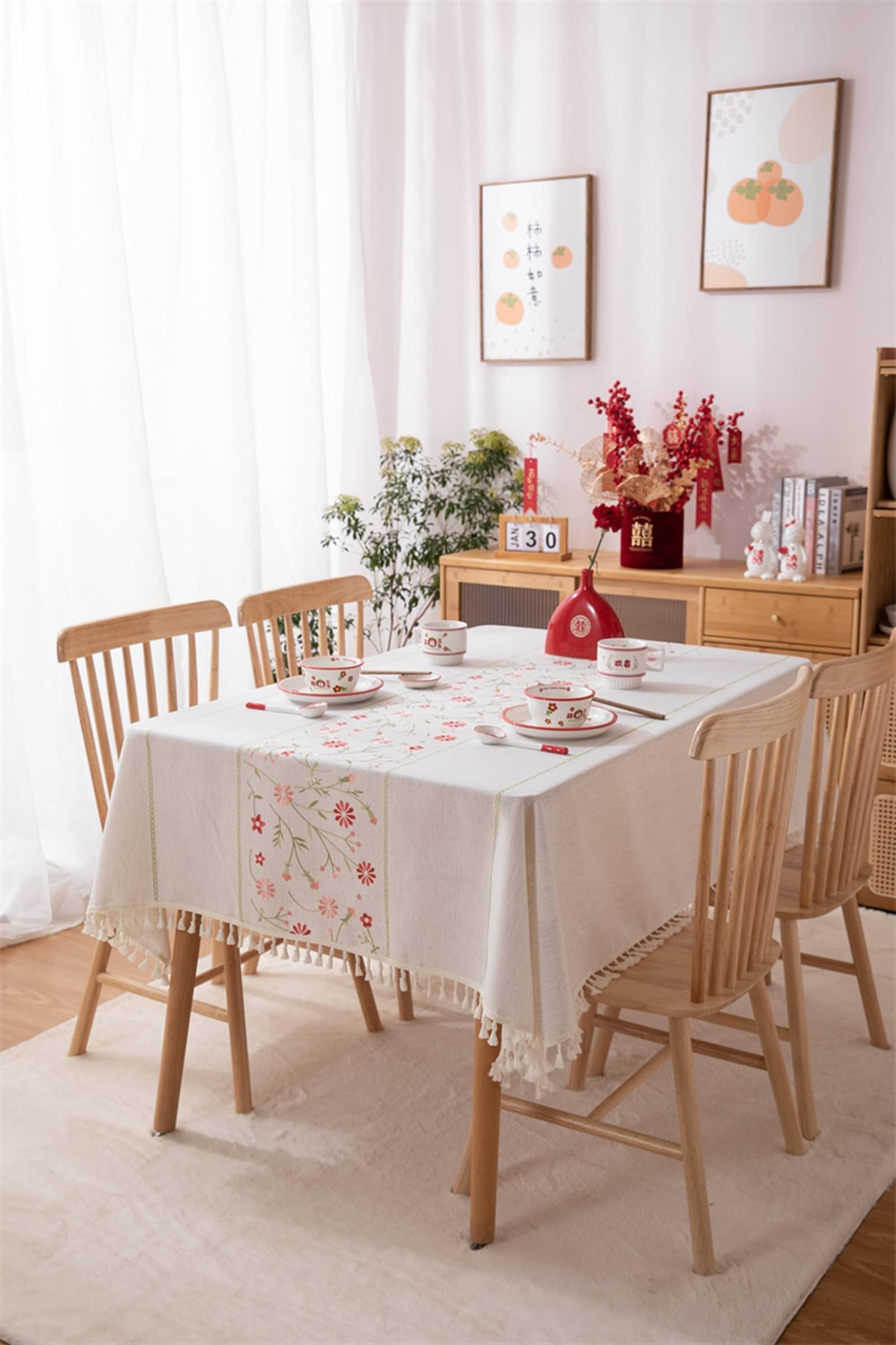 Tovaglia Decorativa Quadrata, Tovaglie 140 x 140 cm Motivo fiori centrali in Poliestere Tovaglia per Casa e Cucina, Tovaglia Elegante per PicnicBeigeStile 3