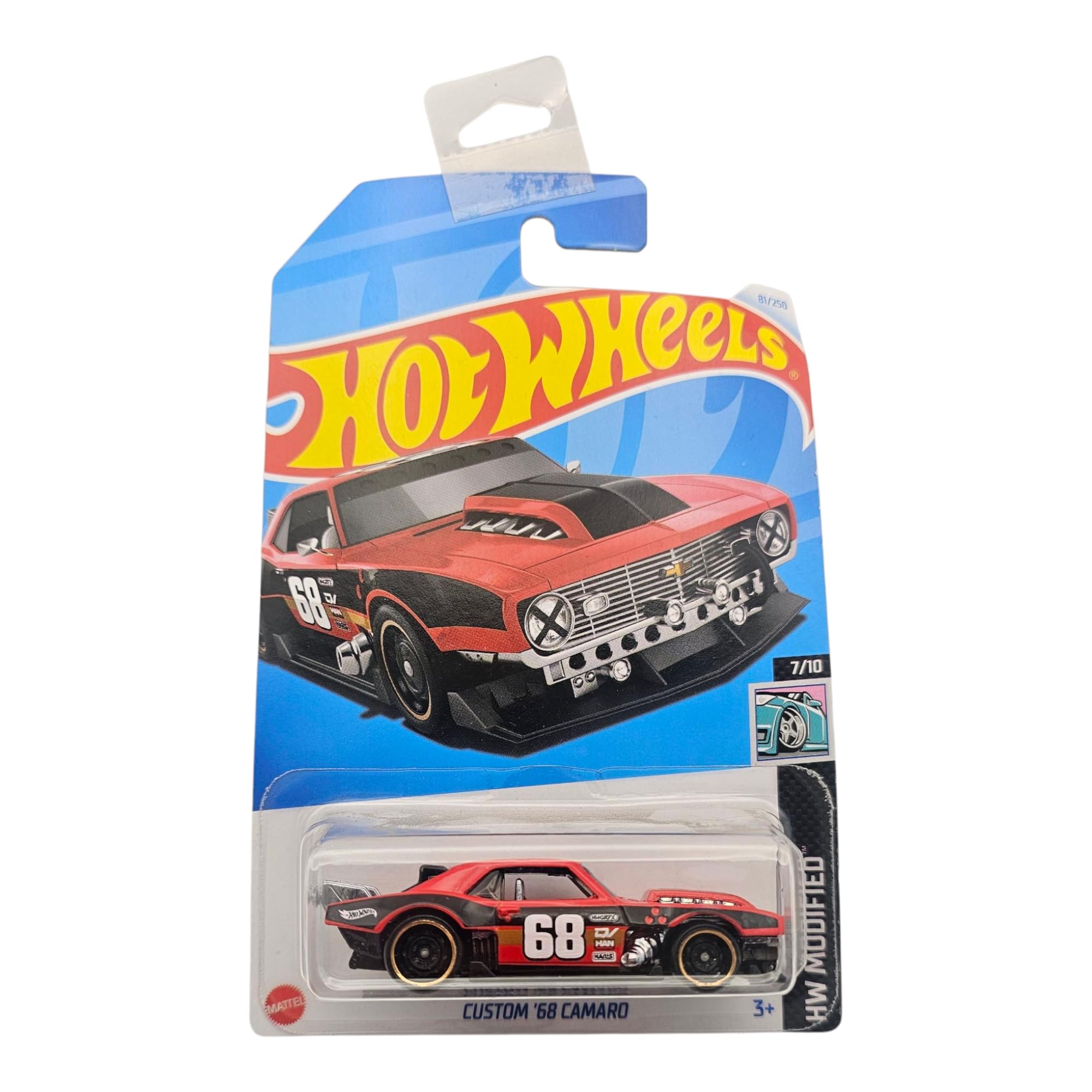 Hot Wheels Custom '68 Camaro Diecast Car, Racing Number 68, Red and Black, 7/10