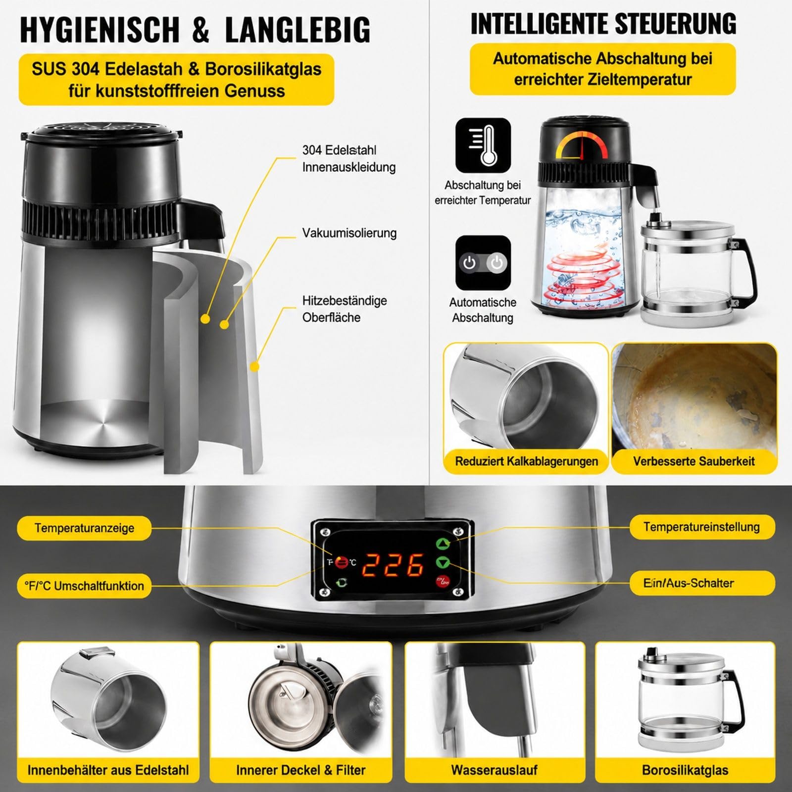 Wasserdestilliergerät 4 L 750 W aus Edelstahl mit Glasflasche für Zuhause und Büro