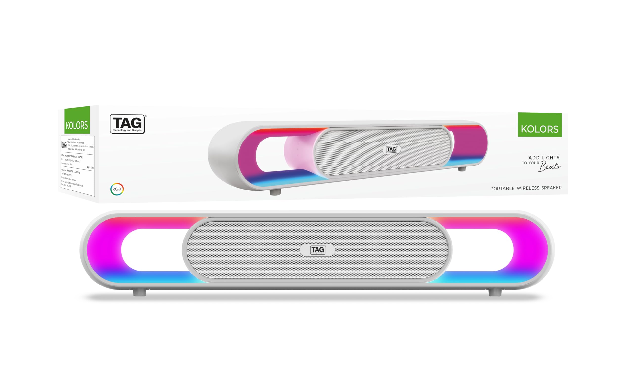 TAG Kolors 16W Portable Wireless Bluetooth Speaker with Dynamic Stereo Sound | Customizable RGB LED Lights | TWS Feature | Supports Micro SD Cards, FM, USB | Comes with Inbuilt Mic (White)-image-0