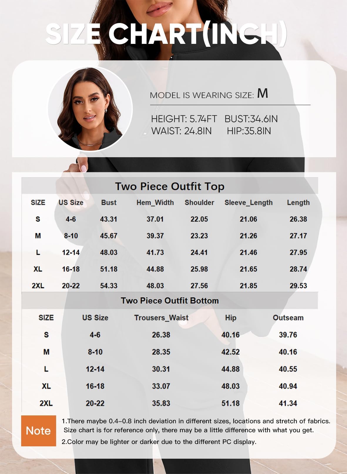 Generisch Tuta da allenamento da donna, 2 pezzi, set lounge, maglione a maniche lunghe con mezza cerniera e pantaloni da jogging casual con tasche
