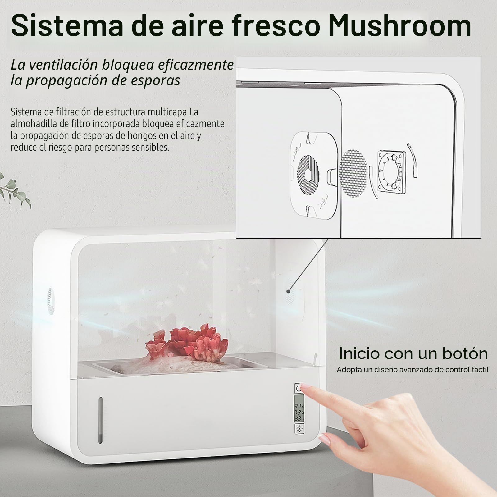 Set de Cultivo de Setas, Caja de Cultivo de Hongos con Pantalla de Temperatura y Humedad, Caja Inteligente Tienda de Cultivo de Hongos para Interiores con Luz de Crecimiento
