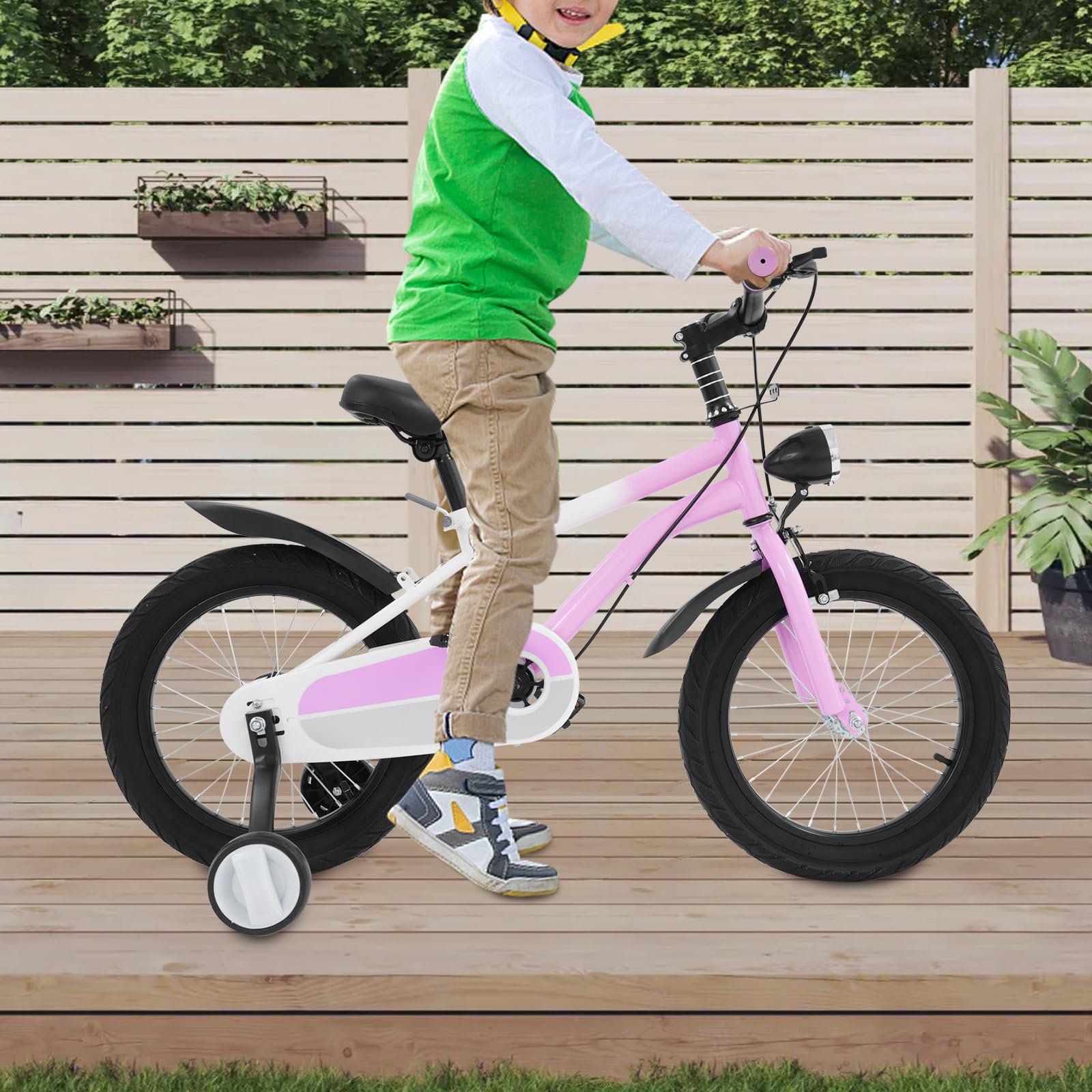 Bicicleta infantil 16 pulgadas freno disco luz LED ruedas estabilizadoras rosa ajustable sillín manillar carga 60 kg