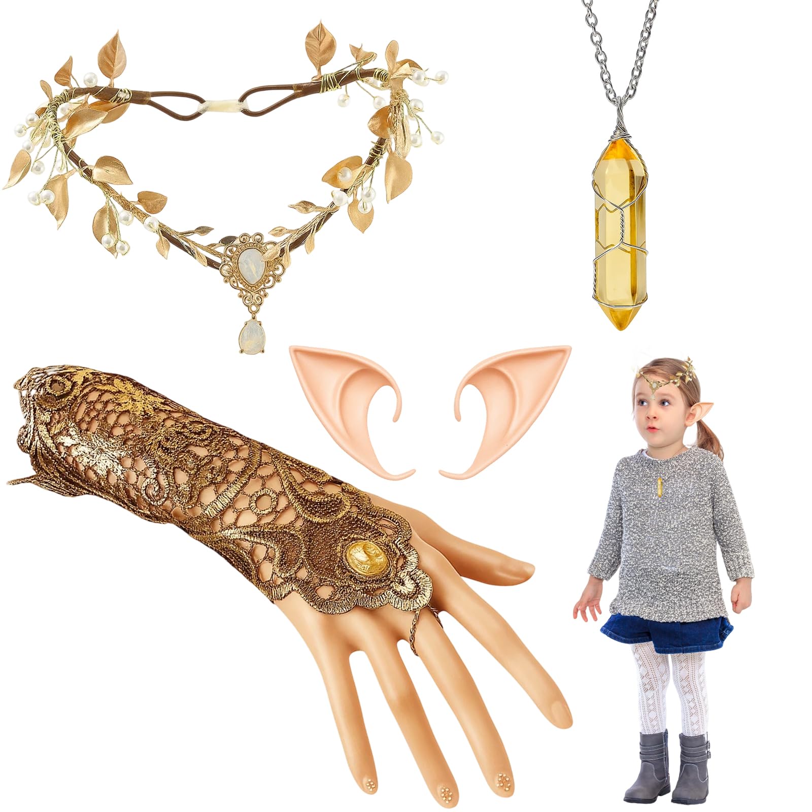 4 PCS Elf Costume Accessoires, Fantasy Elf Ears Adult, Fairy Ears Headband with Crystal Necklace and Lace Gloves, Elf Theme for Halloween Cosplay and Themed Parties