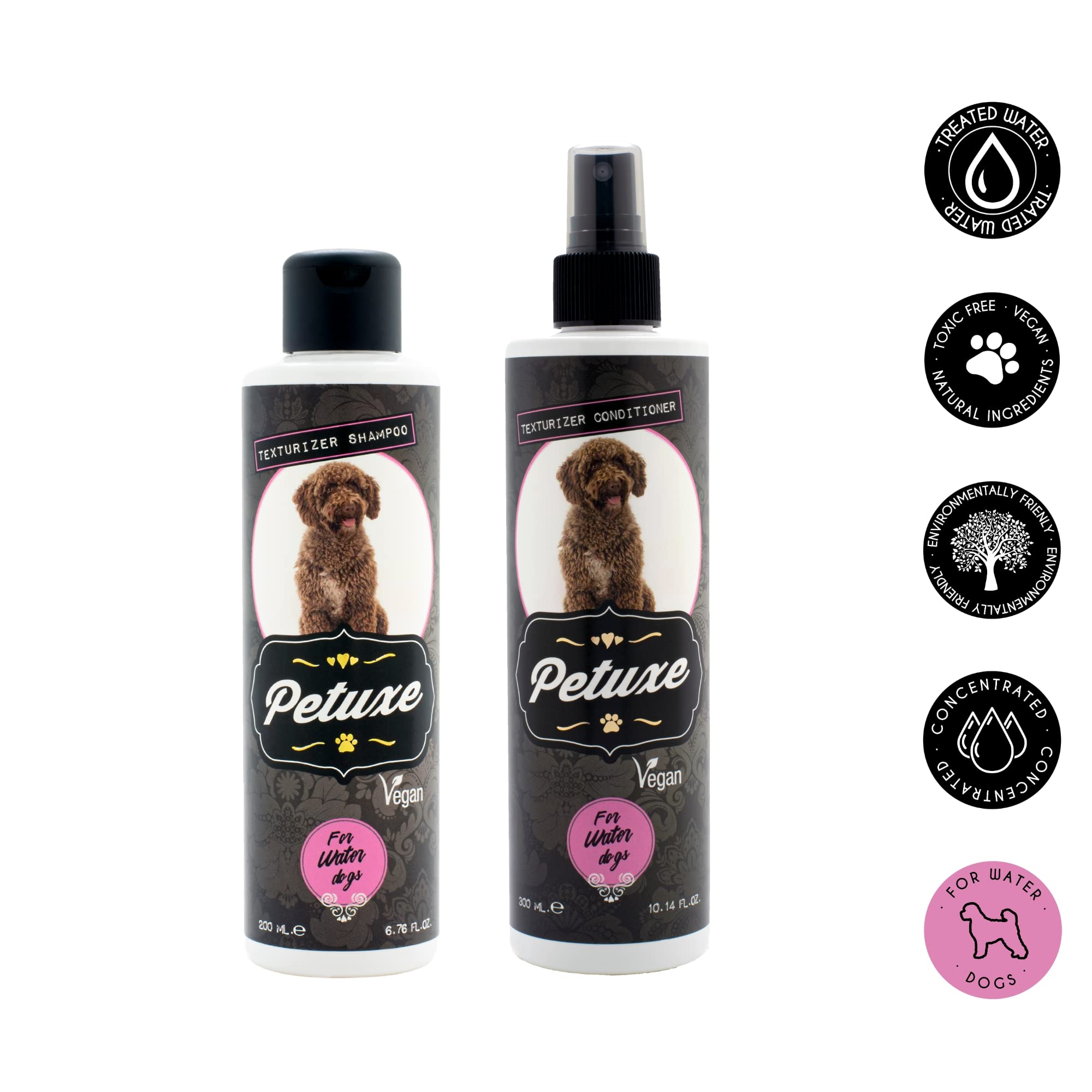 Petuxe Cosmetics Pack para Perros de Agua Champú 500 ml y Acondicionador 300 ml. Texturizador de Limpieza Profunda, Rizos Máxima Hidratación con Pepita de UVA, Vitamina E y B5. Vegano.