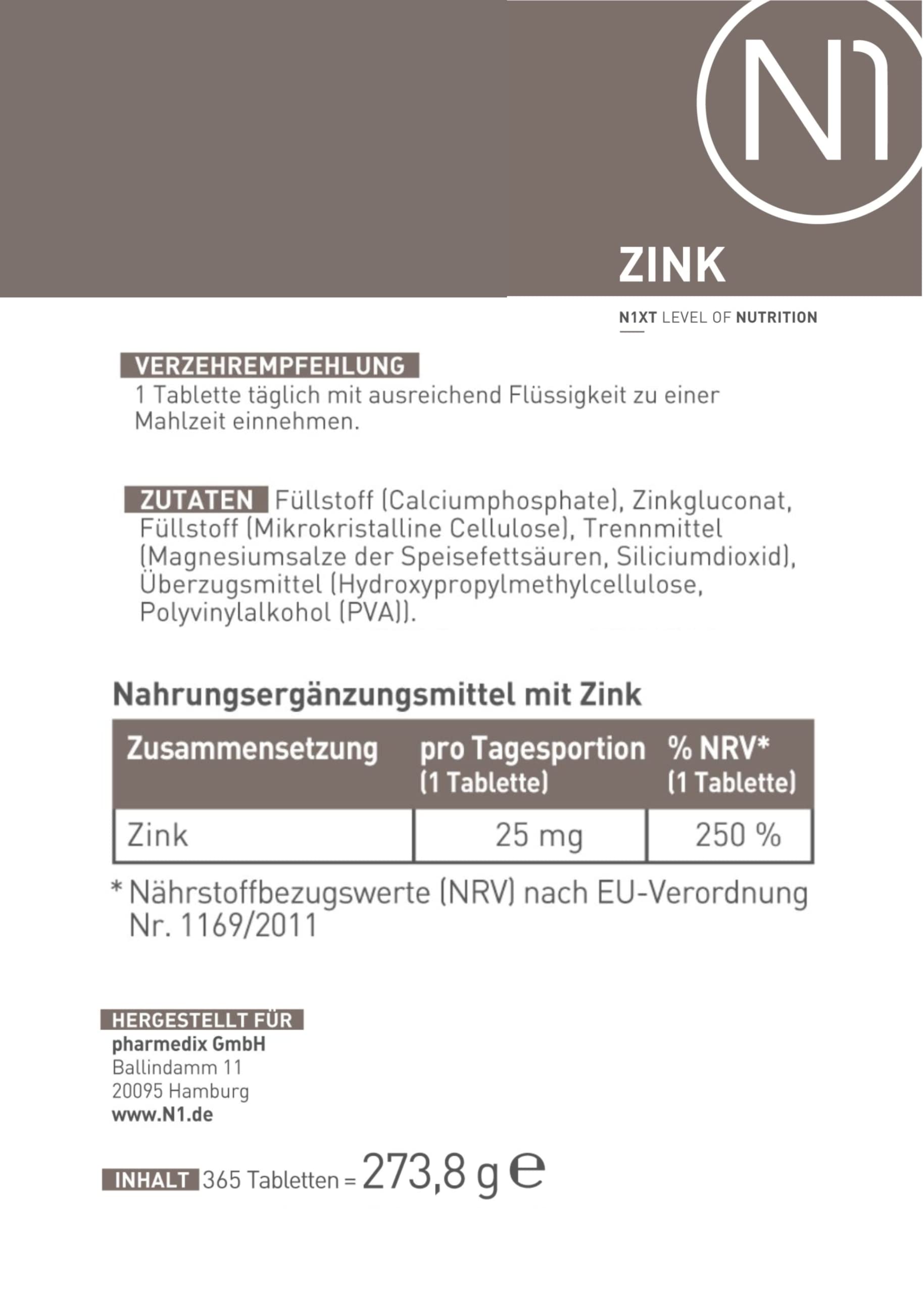 N1 Zink Tabletten 25mg - 5x 365 St. Jahresvorrat - Vegan - nur 1x täglich - Zink Hochdosiert für das Immunsystem - Zinc mit bester Bioverfügbarkeit