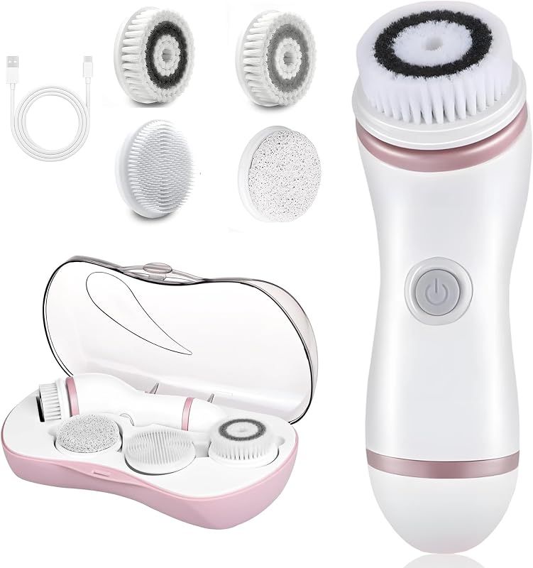 Escova elétrica para limpeza facial DotPet com estojo e 4 cabeças, Pink