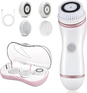 Facial Cleaning Brush, 4 in 1 Electric Face Scrubber with Travel Case and 4 Brush Heads Waterproof Facial Cleaning Spin Brush for Gentle Exfoliation and Deep Cleaning Pink