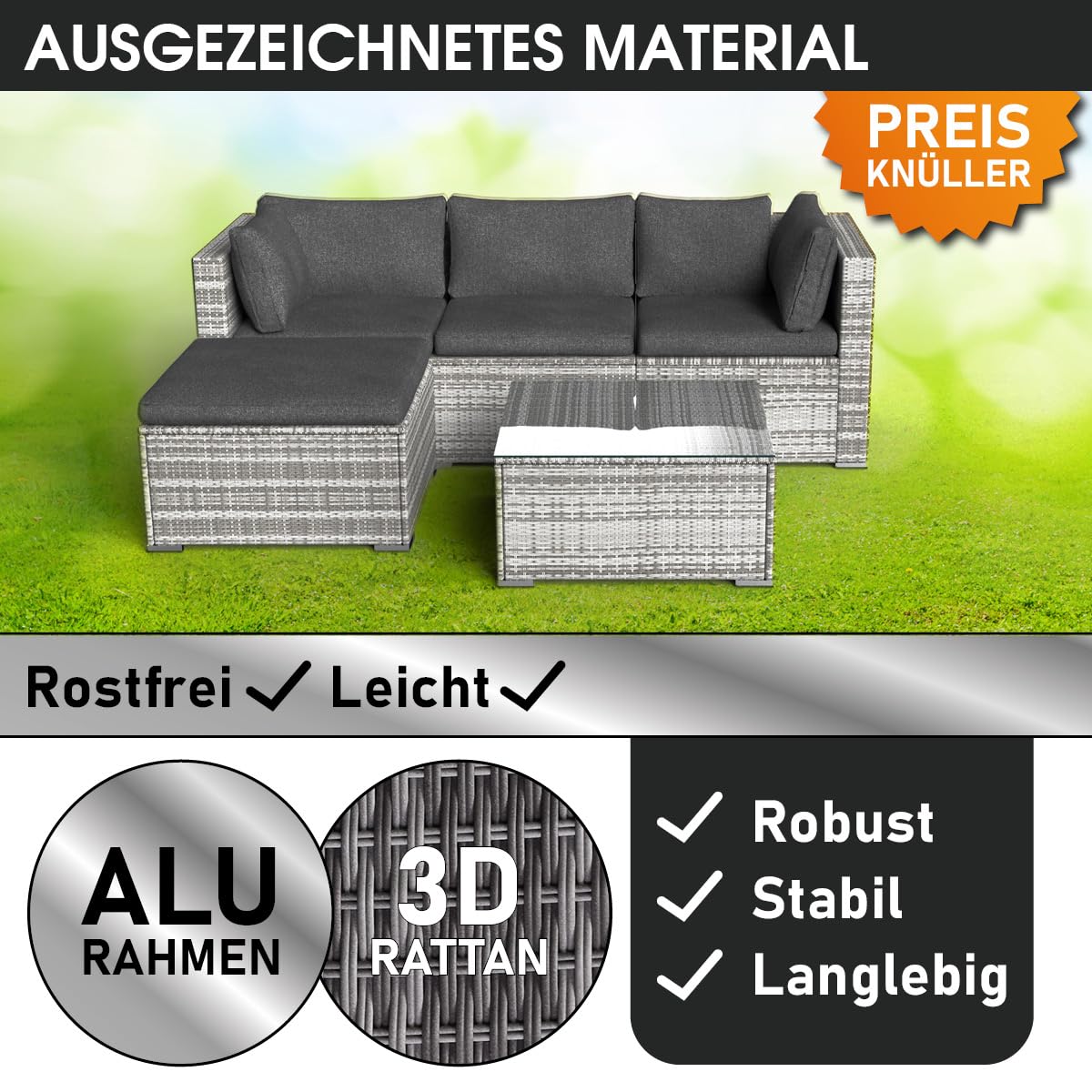 BRAST Gartenmöbel Lounge Set | 4-5 Personen viele Modelle & Farben | inkl. extra Dicke Kissen | Outdoor Loungemöbel Sitzgruppe Essgruppe Garnitur | Royal Grau