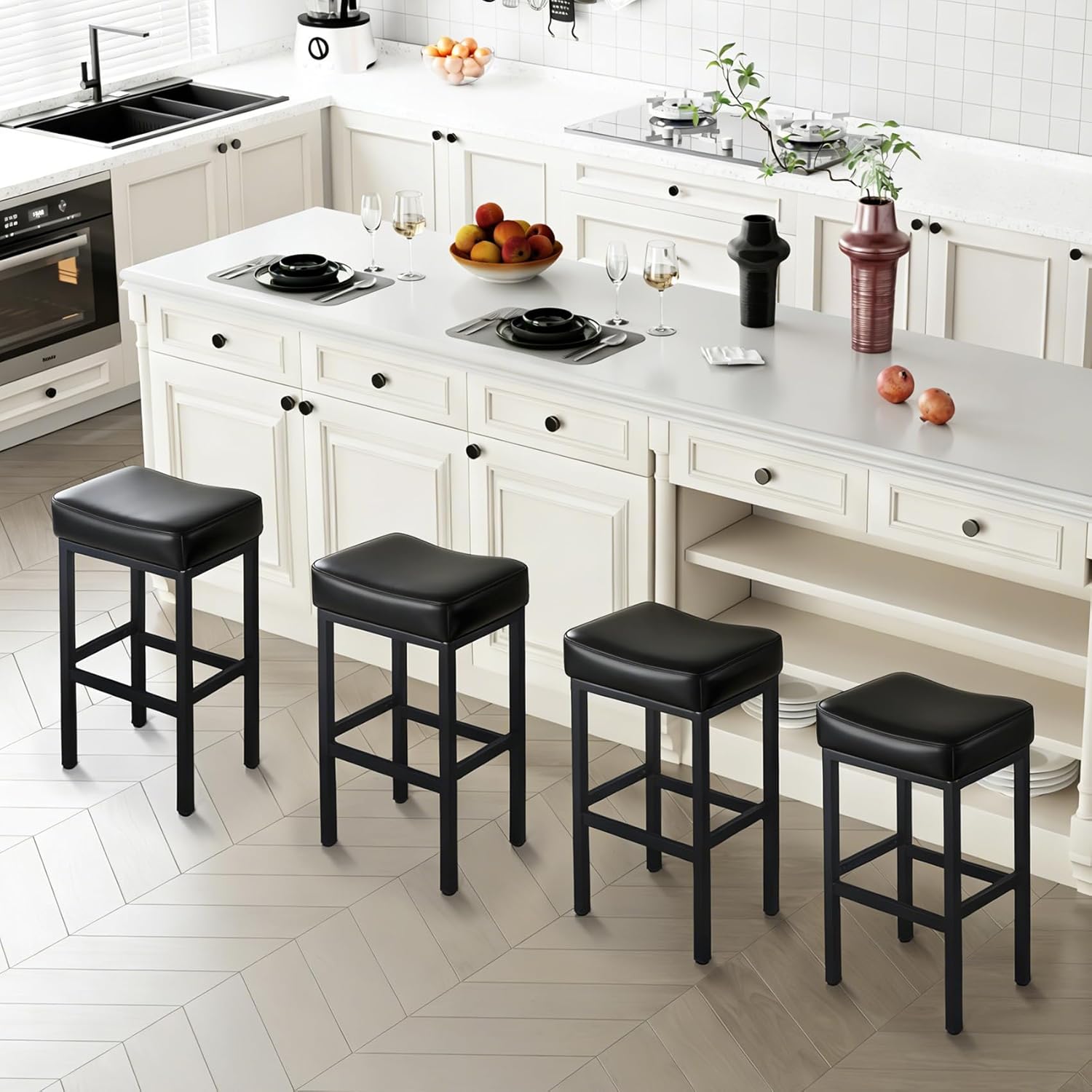 Counter Height Bar Stools Set of 4, 26 Inch Backless Saddle Barstools for Kitchen Island Counter, Modern PU Leather Barstools with Thick Saddle Seats & Heavy Duty Metal Legs, Brown