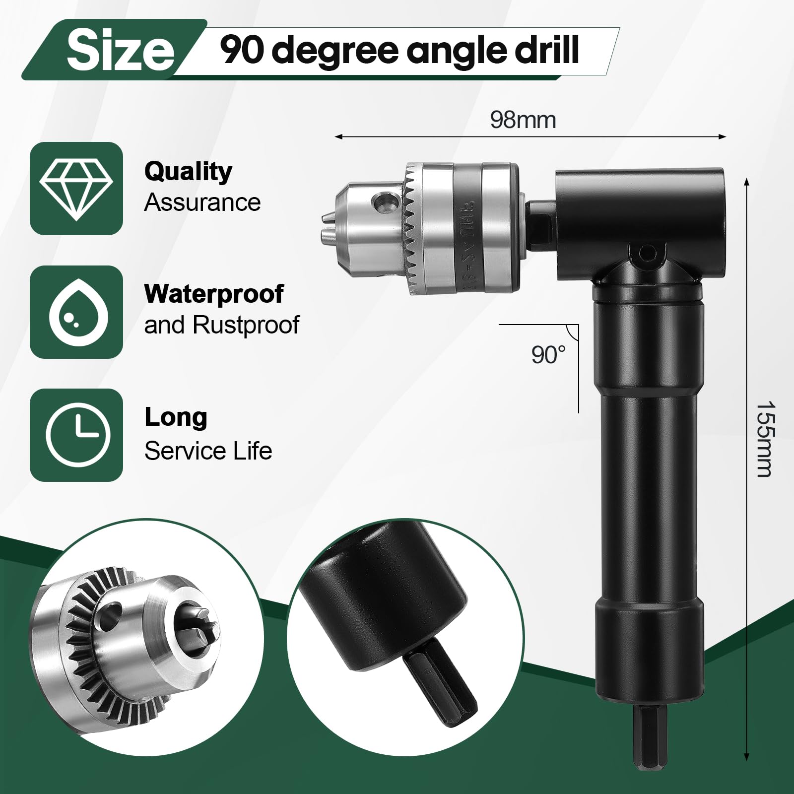 HSEAMALL Right Angle Drill Attachment, 90-Degree Chuck, 1-10mm Range, 8mm Hex Shank, Silver, 1-10mm Metal chuck - Image 2
