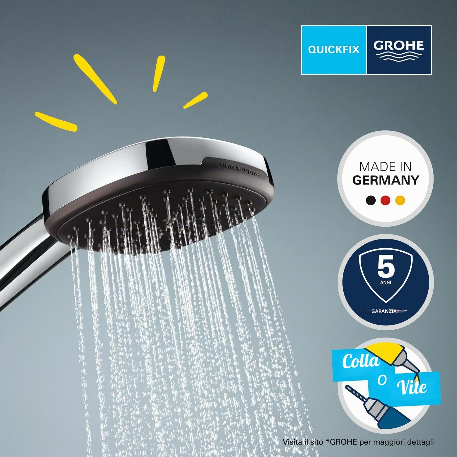 GROHE Vitalio Comfort 110 Set Supporto a Muro (3 getti Rain Jet Massage, supporto fisso, flessibile, SpeedClean anticalcare), Cromo, 26176001