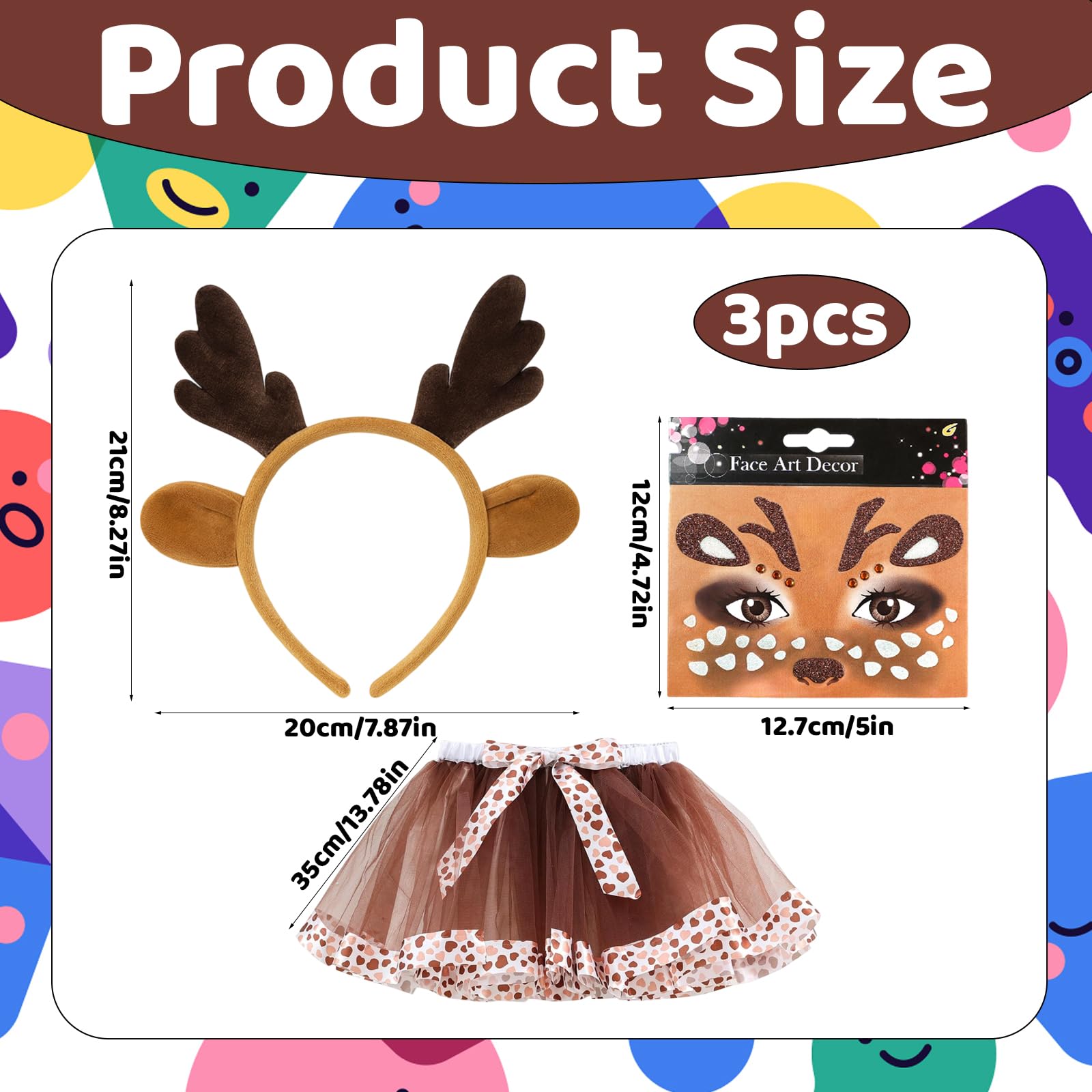 ZKFSIE 3 Pcs Reindeer Costume Kids, Brown Tutu Dress with Antler Headband and Face Tattoos, Christmas Fancy Dress for Girls, Animal Costume for Halloween Party and Role Play - Image 2