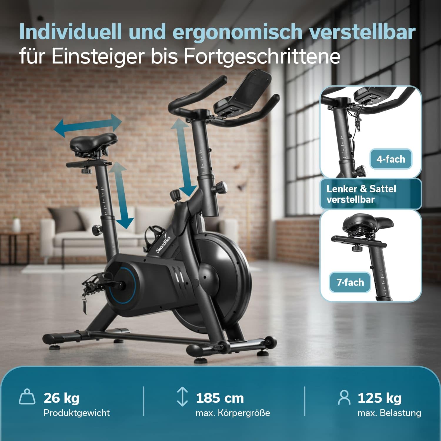 Skandika Spinning Bike Falk P8-HM rower treningowy, bezstopniowy hamulec magnetyczny, stalowa rama, wyświetlacz LCD, kompatybilna z aplikacją Bluetooth, do 125 kg, rower Speedbike, ergometr do domu