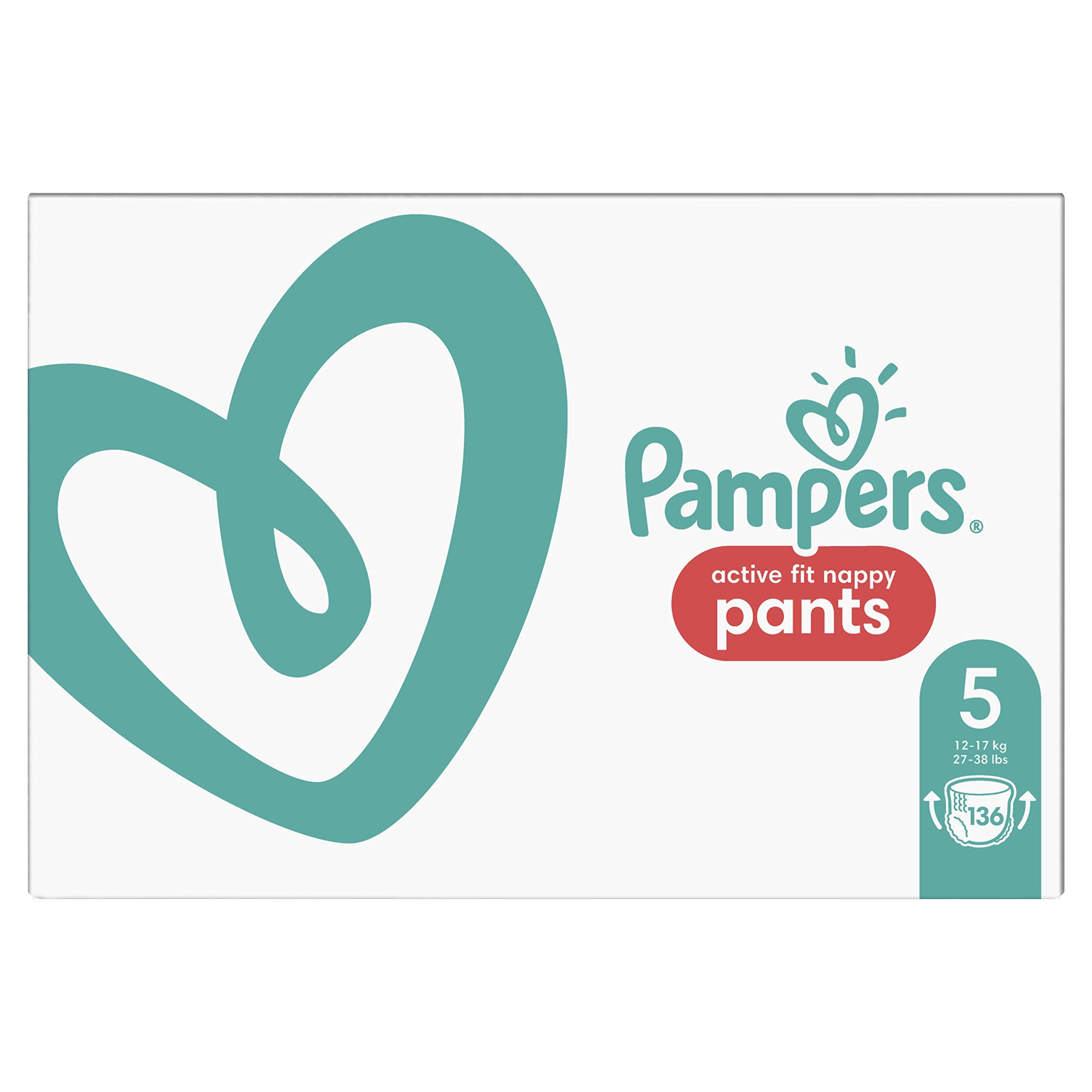 Pampers Premium Protection spodnie na pieluchy rozmiar 5, 136 spodni na pieluchy, 12-17 kg, pakiet oszczędzający miesiąc, delikatny dotyk skóry w łatwych w noszeniu spodniach na pieluchy