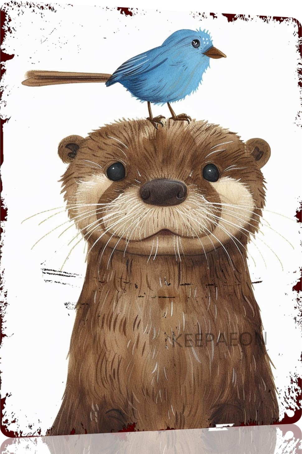 KEEPAEON Metal Aluminum Sign Otter with Blue Bird Vintage Wall Art