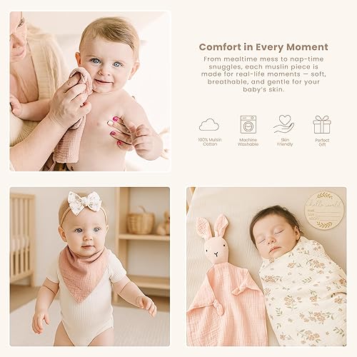 Miniatura 5 de Konssy Regalos de baby shower, conjunto de artículos esenciales para recién nacidos, regalos de revelación de género, conejito amoroso, manta para