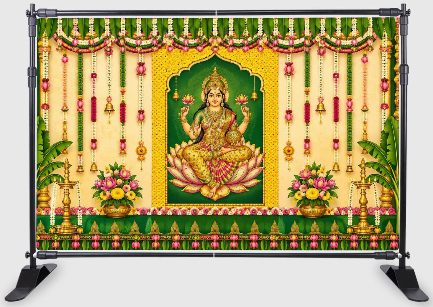 Backdropon Goddess Lakshmi Floral Festival Fabric Backdrop with Banana Leaves, Lotus Garlands & Traditional Pooja Decoration Size 5 Feet Height and 8 Feet Width(5 * 8)-picture-12