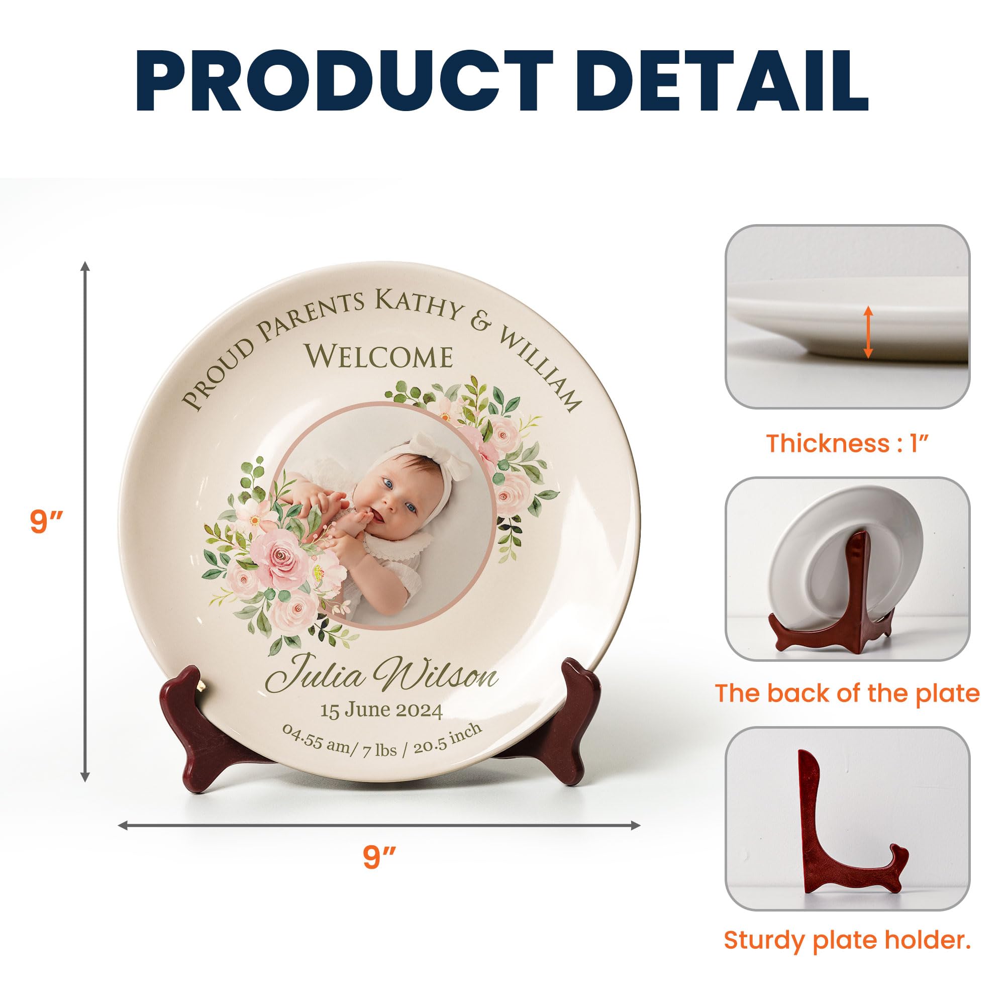 Macorner Personalized Baby's Photo Ceramic Plate, Proud Parents Newborn Baby Birth Plate, Baby Newborn Keepsake Ceramic Plate Gifts
