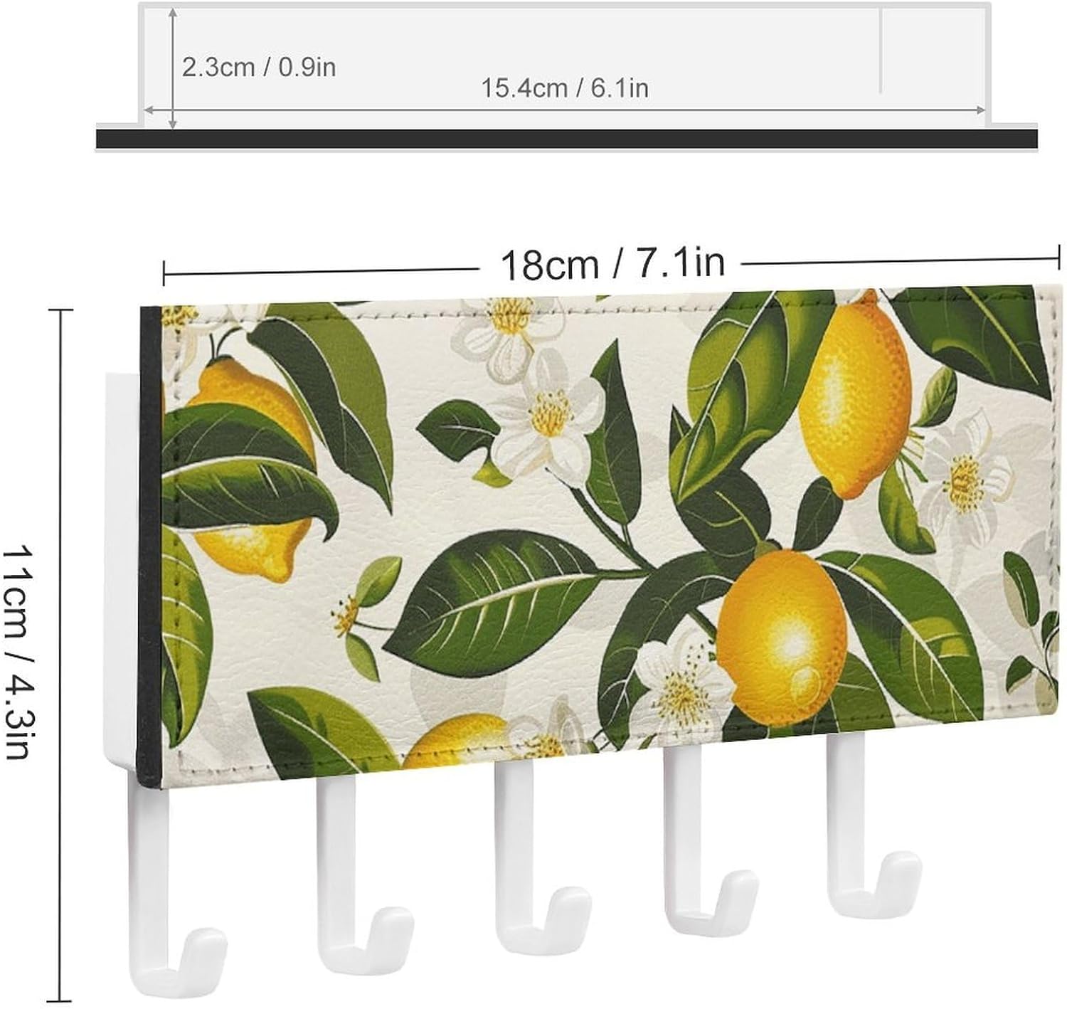 Lemons and Flowers Key Holder Wall Mount, Adhesive Key Rail Rack Hanger Holder White with 5 Hooks, No Drill, Keys Chain Organizer for Living Room, Front Door, Hallway, Office