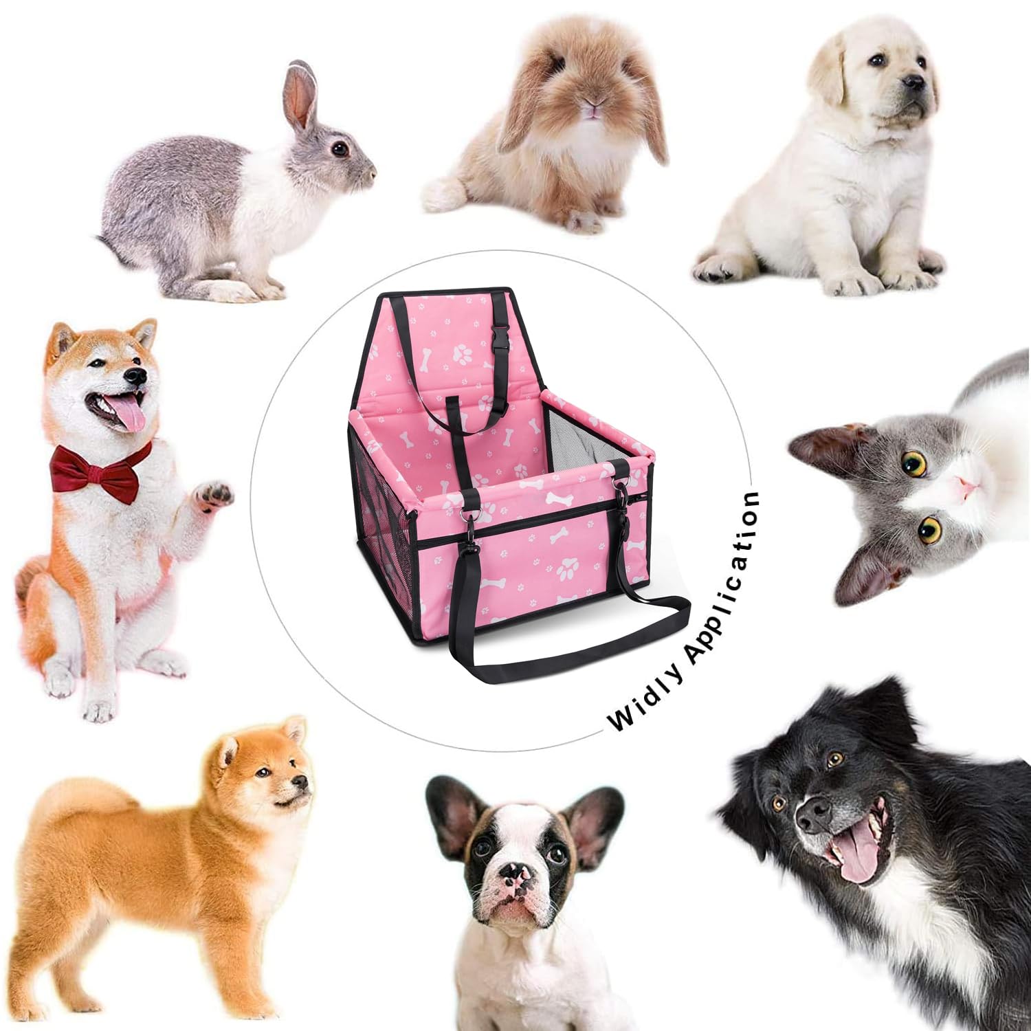 MEISO Siège Auto pour Chiens, Sac de Transport Chien et Chat avec Ceinture de Sécurité, Auto Chien avec Tige de Support de Nivellement, Pliable, pour Chiens adapté aux Animaux de Petite Moyenne (Rose)