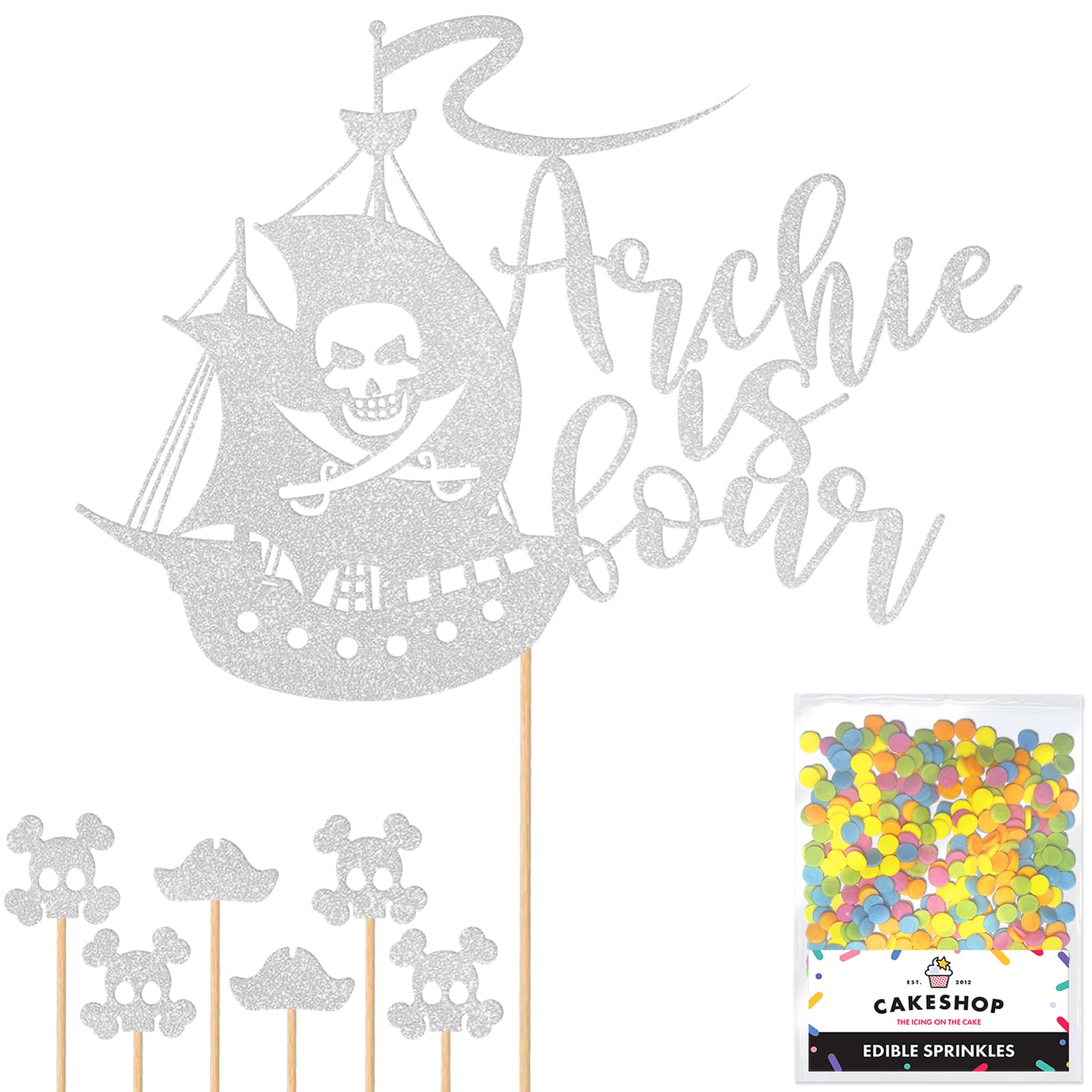 Personalised Birthday Pirate Ship Glitter Cake Topper Silver Any Custom Age & Name Glitter Cake Decoration and Sprinkles - Happy Birthday Decorations - Personalised Toppers for Cakes by Cakeshop โ image 1