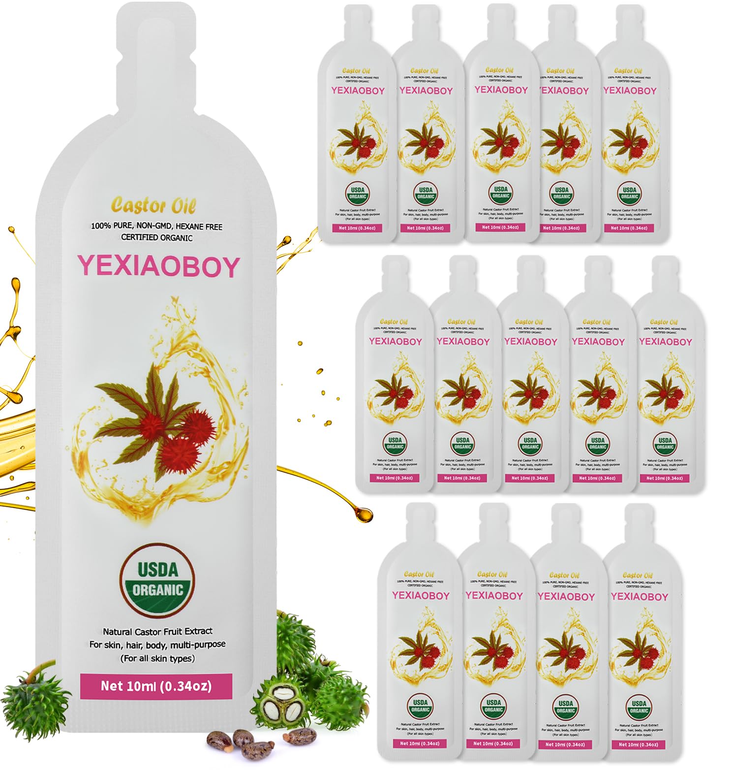 YEXIAOBOY USDA Certified Organic Golden Castor Oil (4Oz), Pure Cold-Pressed Hexane Free Organic Castor Oil Unrefined for Face, Hair Treatment Starter,