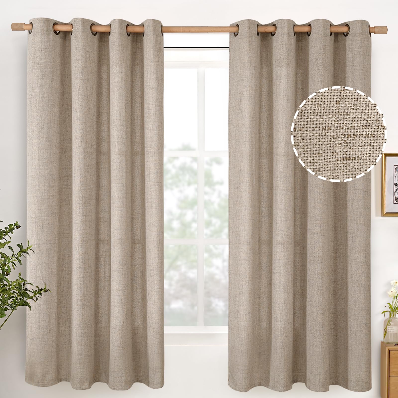 YoungsTex Dark Oatmeal Linen Curtains 63 lnch Length 2 Panels for Living Room, Bronze Grommet Semi Sheer Drapes with Textured Window Treatments for Bedroom Farmhouse Light Filtering, 52 X 63 Inch
