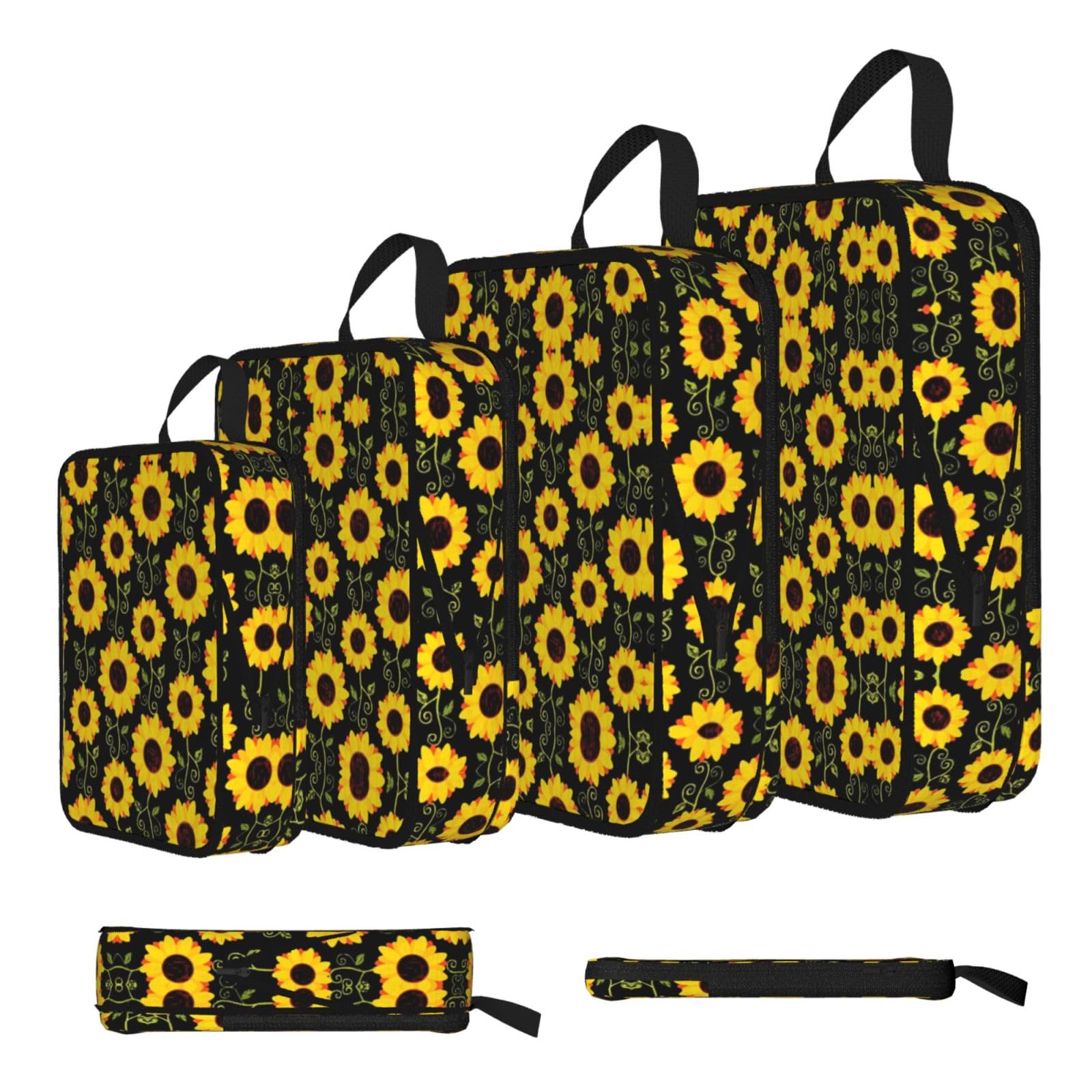 Esnaiuvcd Black Cute Sunflower Print 4 Set Compression Packing Cubes For Suitcases,Expandable Storage Bags Organizers