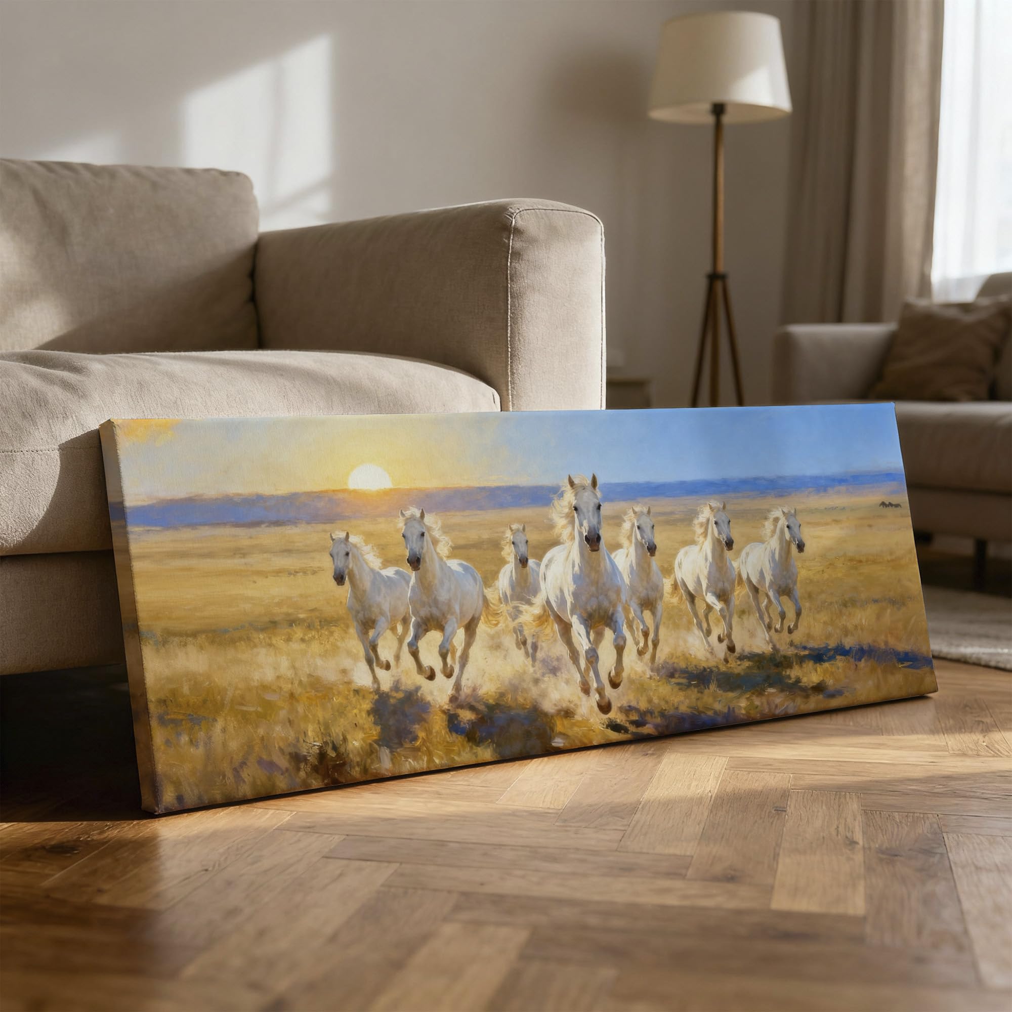 SoulAbiti Vastu Seven White Horses Calm Morning Unframed 36x14 inches Rolled Canvas Wall Realism Art UV Print Painting for Living Room, Bedroom & Office Decor Premium Gloss Vivid Fade-Resistant Print 1