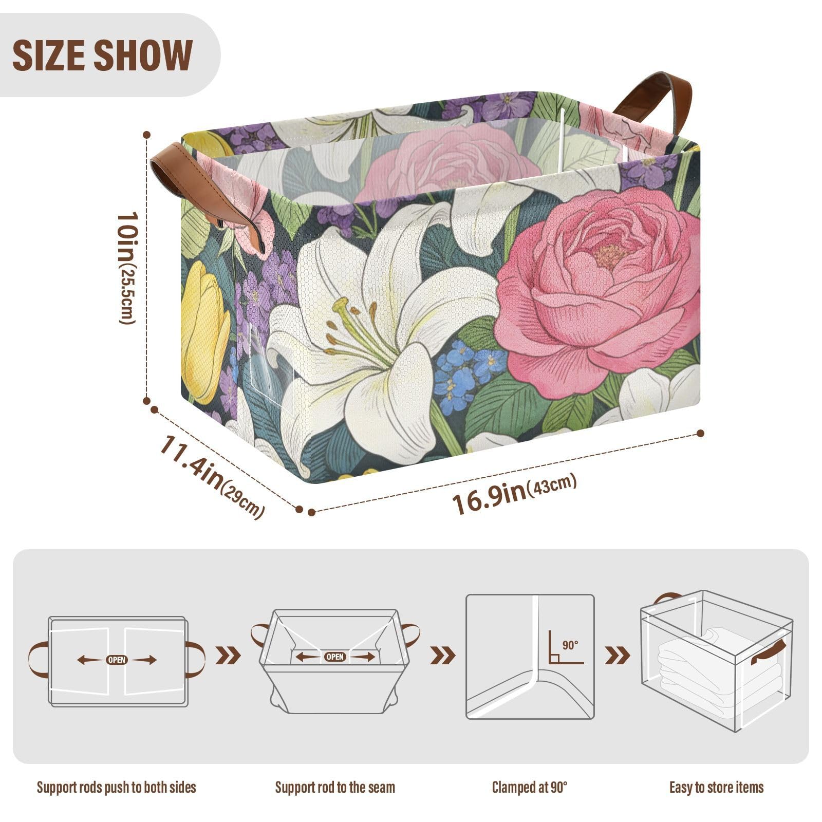 Cestas de almacenamiento rectangulares de lirio de rosas rosas, plegables, con asas, cubos de almacenamiento para juguetes, libros y ropa, sala de estar