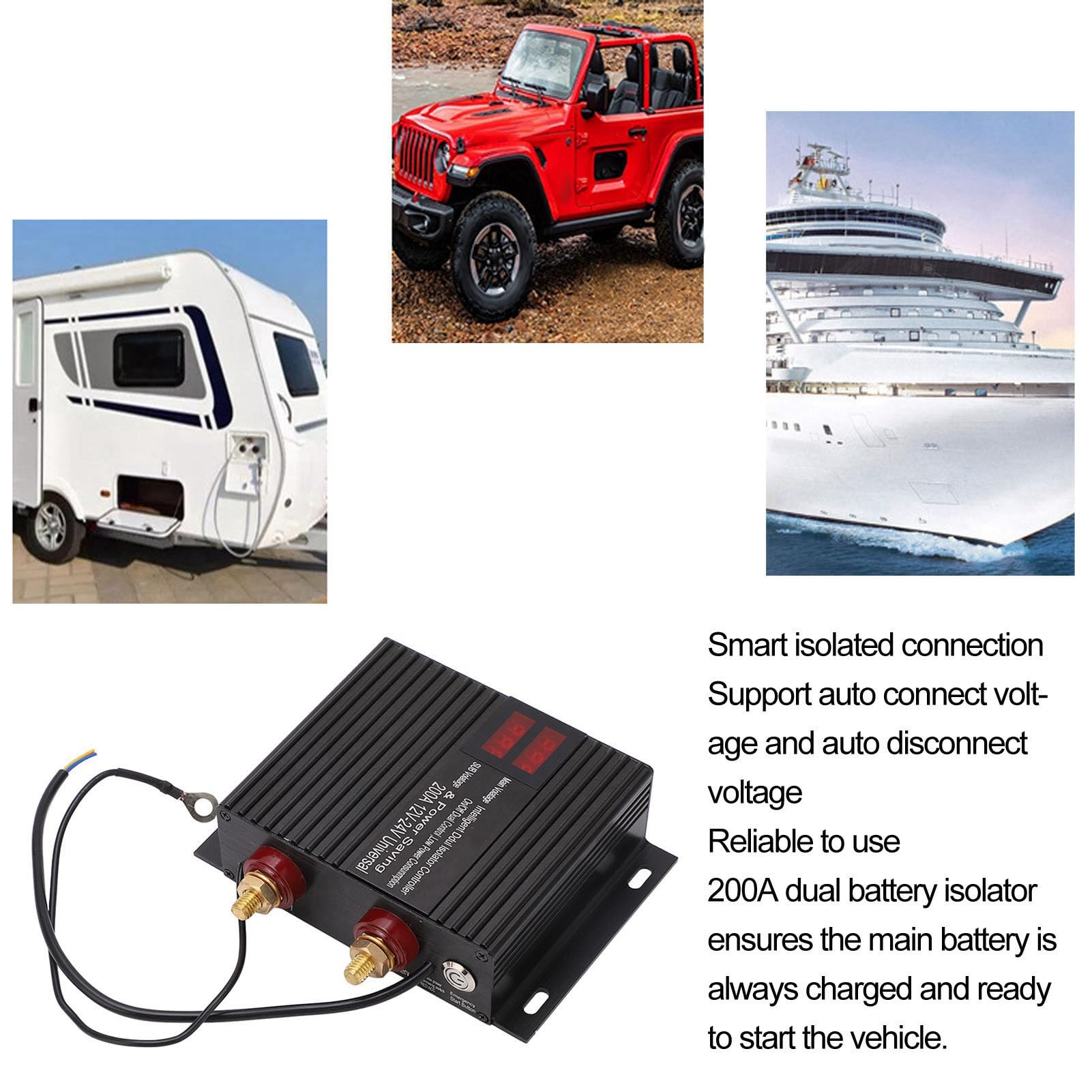 CHICIRIS Aislador de BateríA Dual, relé Sensible Al Voltaje de Cobre ABS 200 A, Pantalla LED Arranque de Emergencia Conexión Automática 12 V 24 V para Coche RV ATV UTV Truck Boat