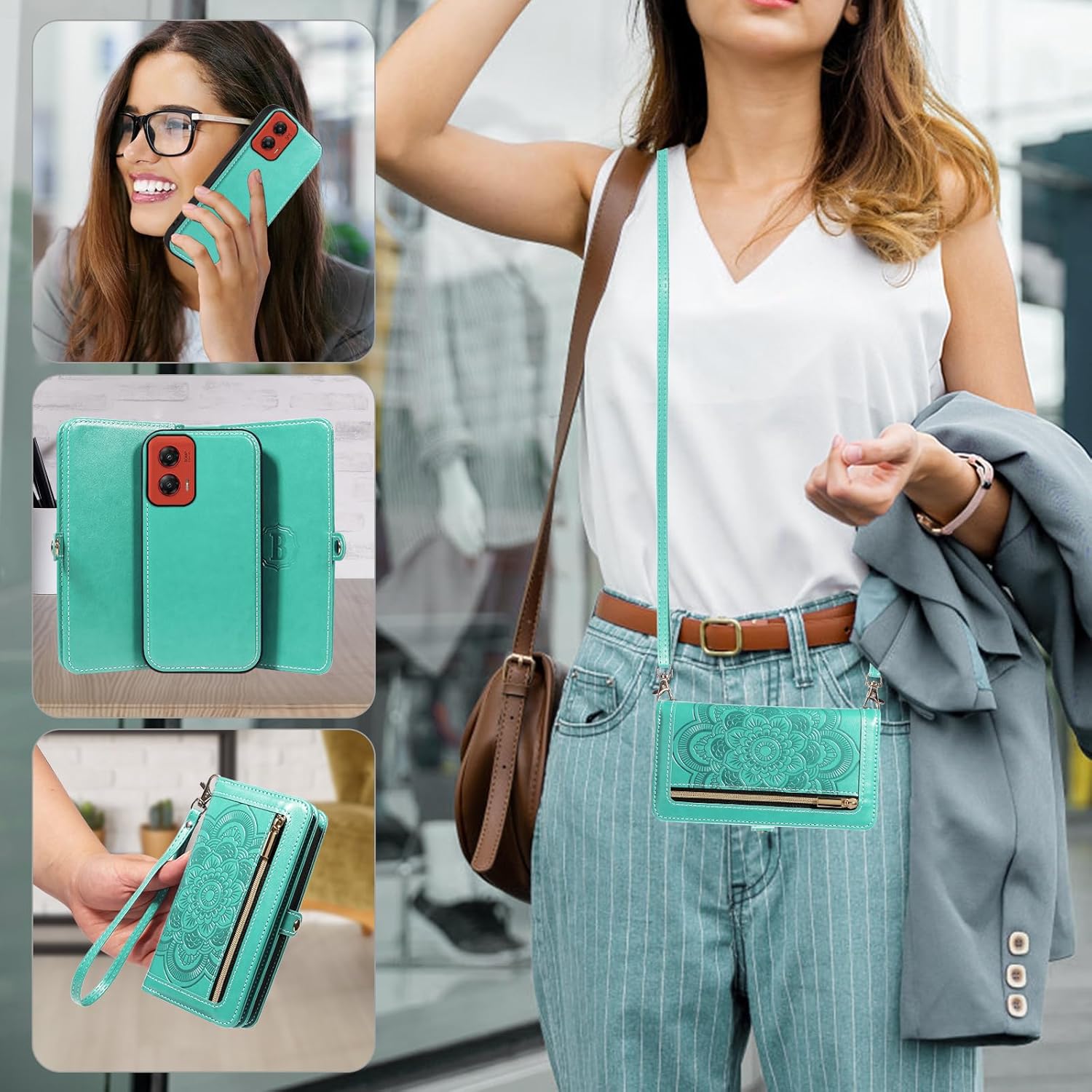 Asuwish Phone Case for Motorola Moto G Stylus 5G 2024 Zipper Wallet Detachable Cell Cover with Tempered Glass Screen Protector Crossbody Wrist Strap Mandala Flower Flip Card Holder G5 Women Men Green