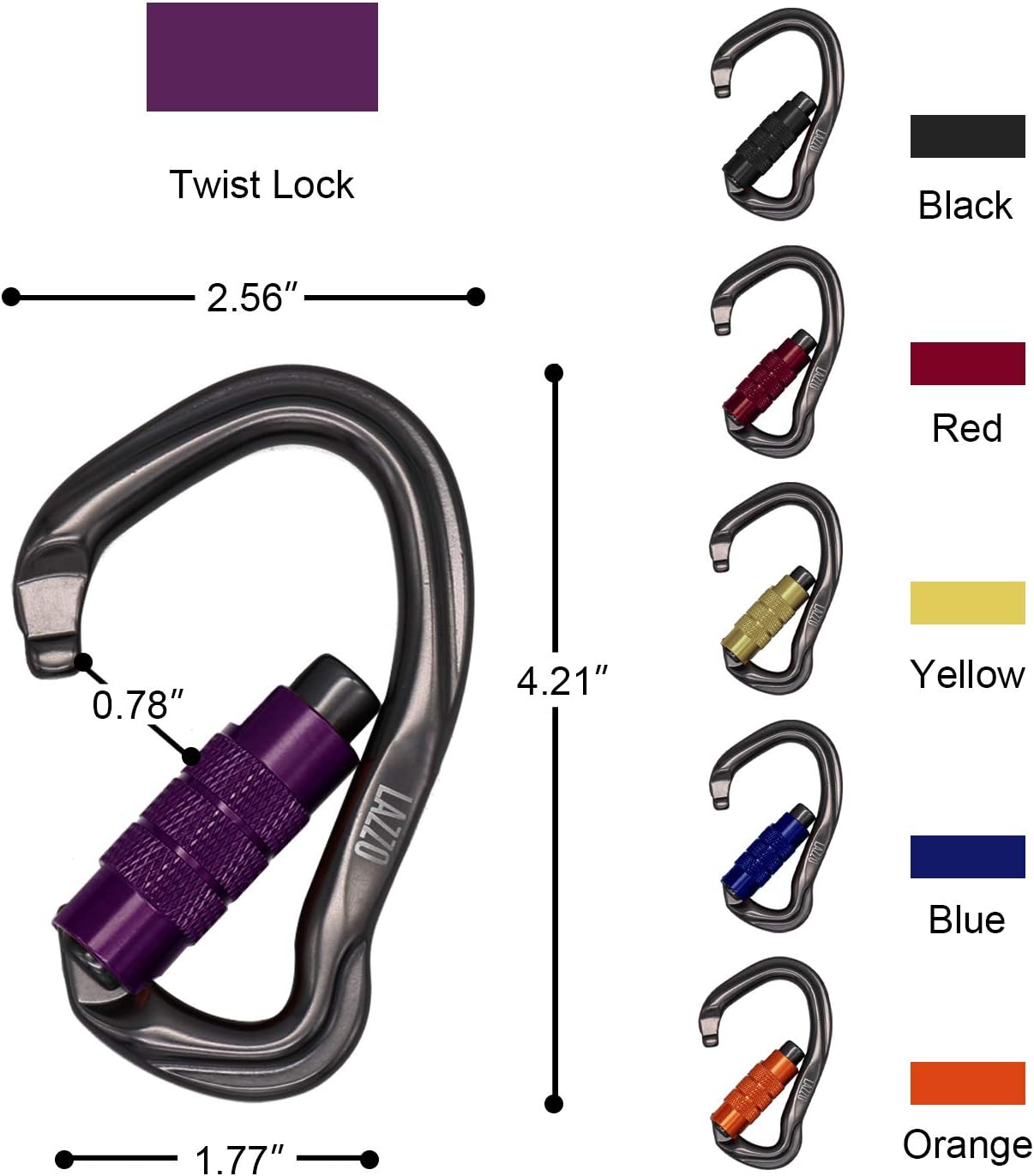 LAZZO 3 Pack Twist Lock Climbing Carabiner Clips, Auto Locking and Heavy Duty, Perfect for Climbing and Rappelling, Carabiner Dog Leash, D Shaped 4.21 Inch, Large Size