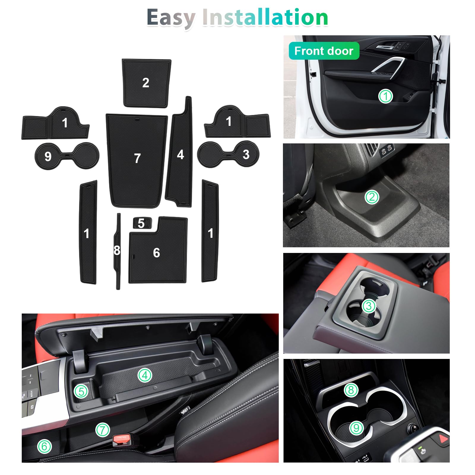 GAFAT Compatibile con BMW X1 U11 iX1 2023-2025 2026 Tappetini Antiscivolo, iX1 X1 2025 Tappetino in Gomma Console Centrale, Non Scivolano, Cuciture Porte, Accessori X1 U11 (Nero)