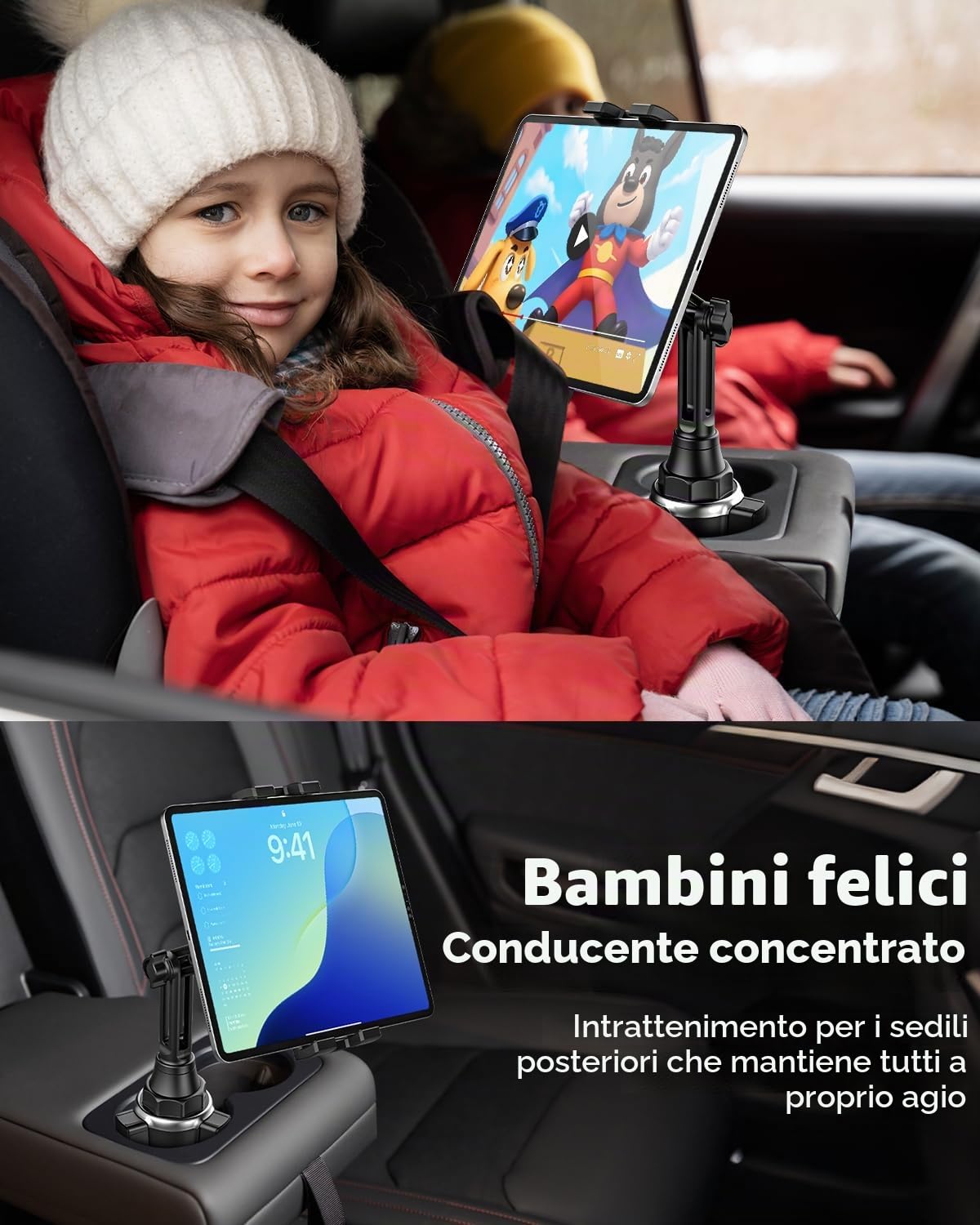 Supporto Tablet Auto Portabicchieri, Porta Tablet & Telefono Tazza Camion con Braccio Regolabile, per iPad PRO 12.9 10.5 9.7 Air Mini 5 4 3 2, Samsung Tab, iPhone 12 PRO Max e 4-13 Pollice