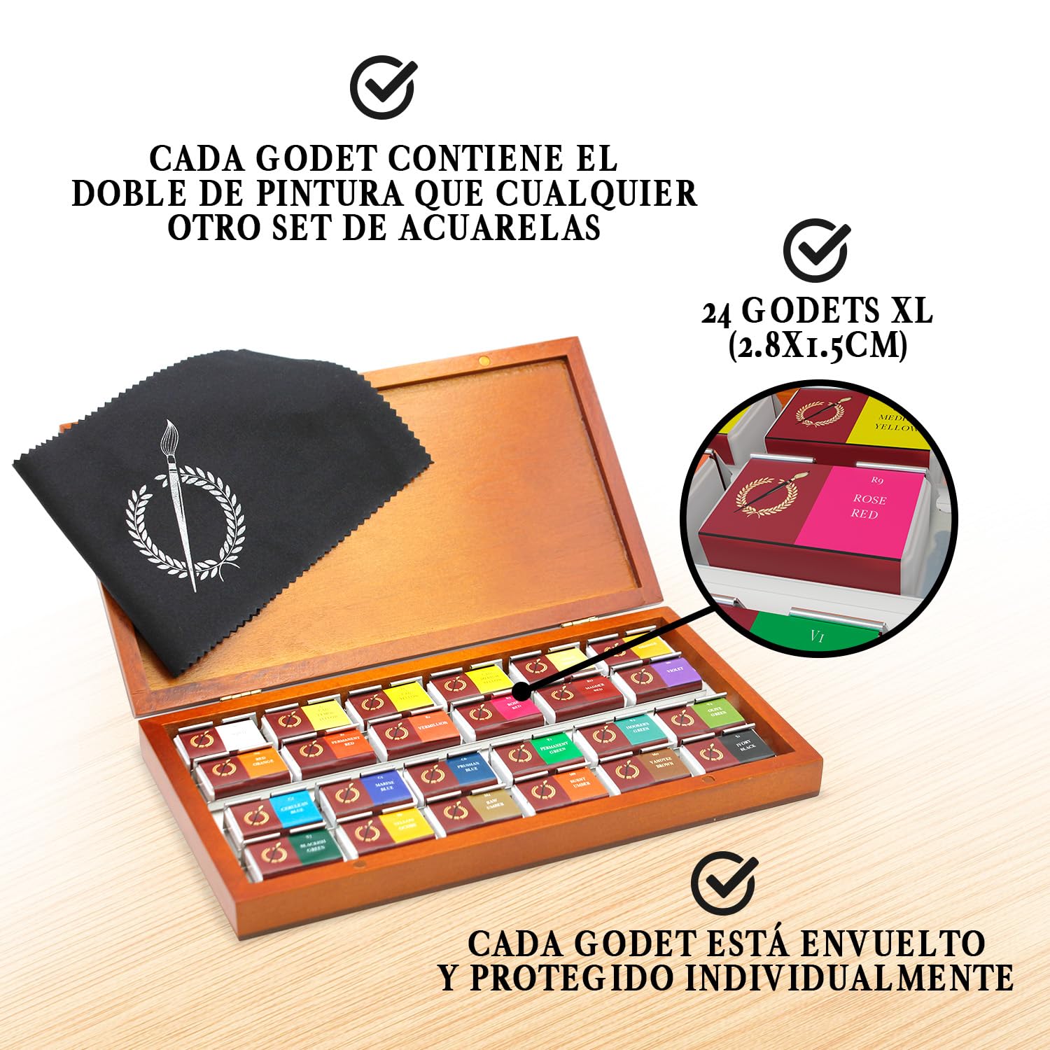 Pinturale Acuarelas Profesionales de Alta Pigmentación | Set Acuarelas Profesional | Incluye 24 Colores Grandes, Caja de Madera y Paño | Acuarelas Calidad Artista