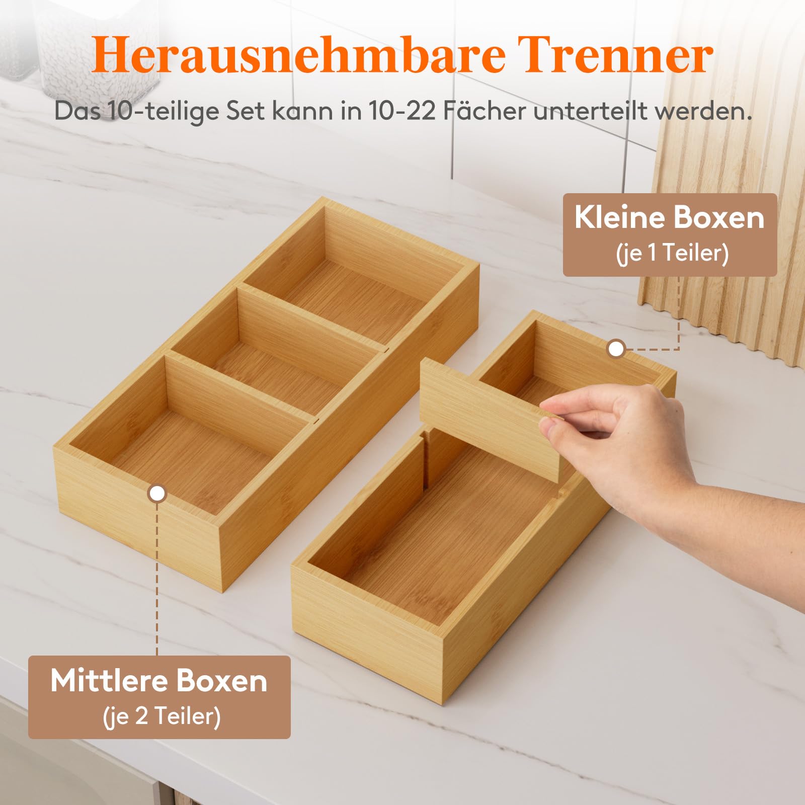 Lifewit 10er-Set Schubladen Organizer mit 6 Einsätzen, Verstellbare Aufbewahrungsbox mit 11 Fächern, Schubladenteiler aus Holz für Küchenutensilien, Schminktisch organizer, Make-up, Büro, Badezimmer