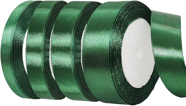4Roll 22m Dark Green Ribbon 10mm 15mm 20mm 25mm for Gift Wrapping,Satin Ribbon Green Christmas Ribbon Cake Ribbon Fabric Thick Ribbon for Crafting Birthday Hair Bow Wedding Car Ribbon Cake Decorations