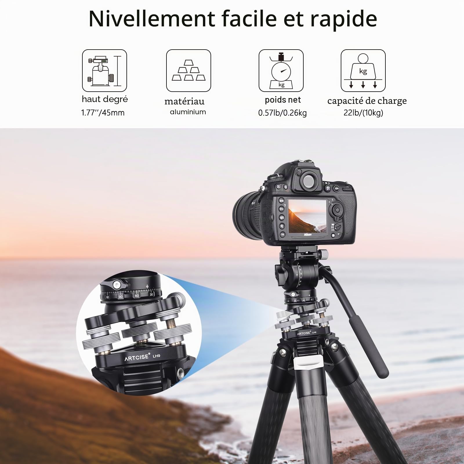 Base de nivellement pour trépied ARTCISE Diamètre∅70mm, tête de nivellement avec Inclinaison -15°/15°, avec 3 Niveaux à Bulle et 3 Roues -5°/5° pour réglage de précision, Charge maximale 10KG