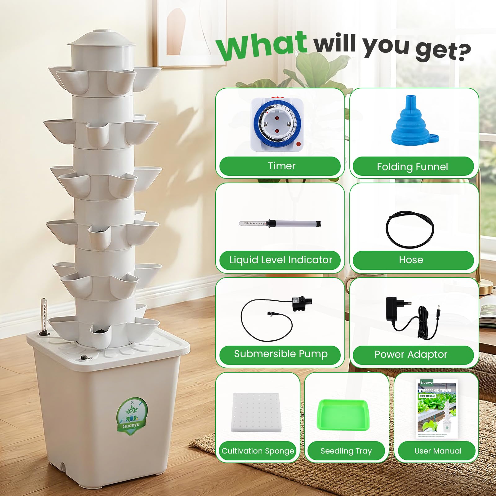 Huanyu Sistema de Cultivo Hidropónico 6 Capas 30 Vainas Torre Hidropónica Vertical con Temporizador Torre Hidropónica de Jardín con Tanque de Agua de 10L Apto para Uso Interior y Exterior