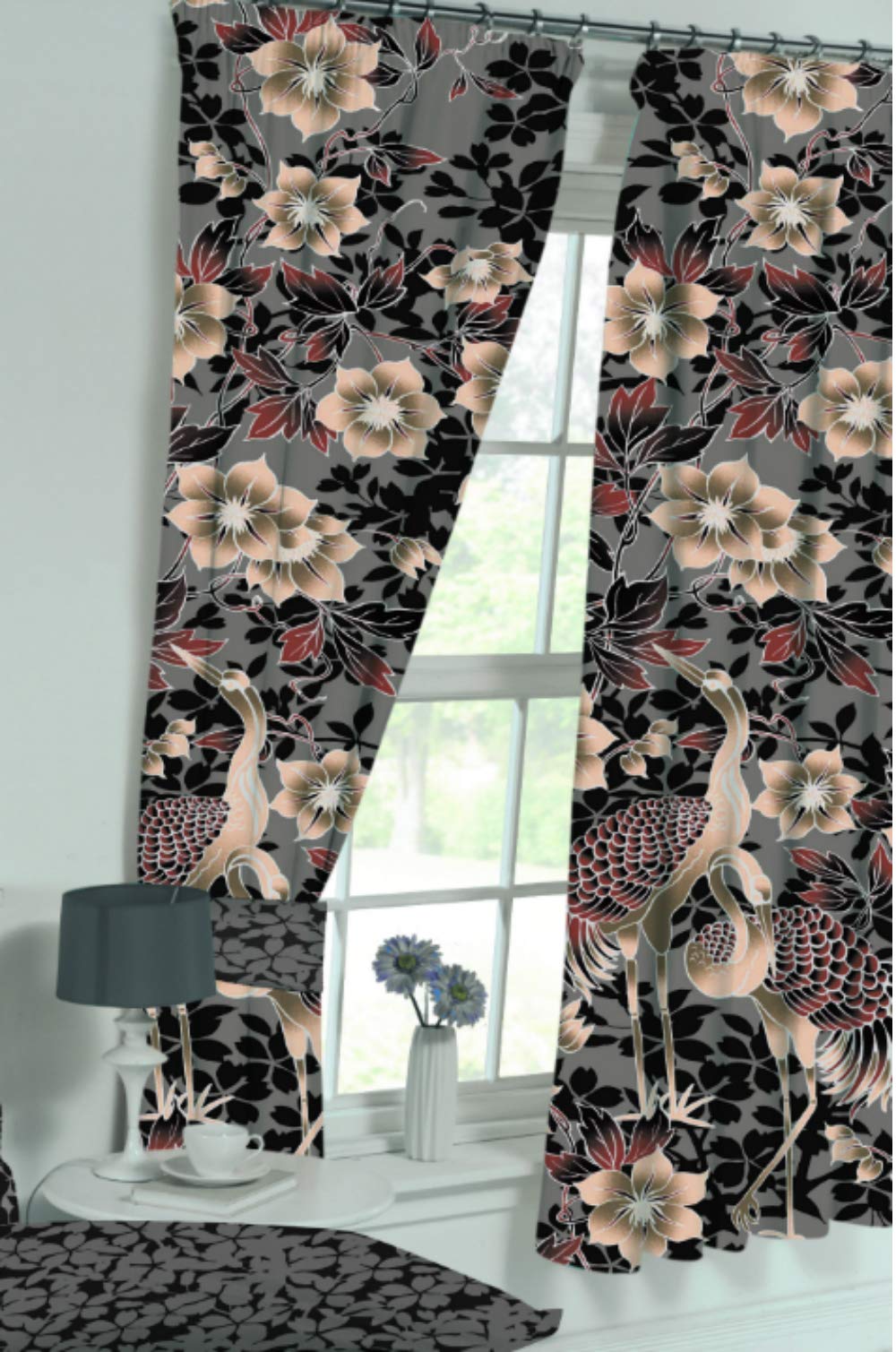 MyHome Heron Grey Black 66" x 54" Unlined Pencil Pleat Curtains & Tie Backs Bird Floral Gold